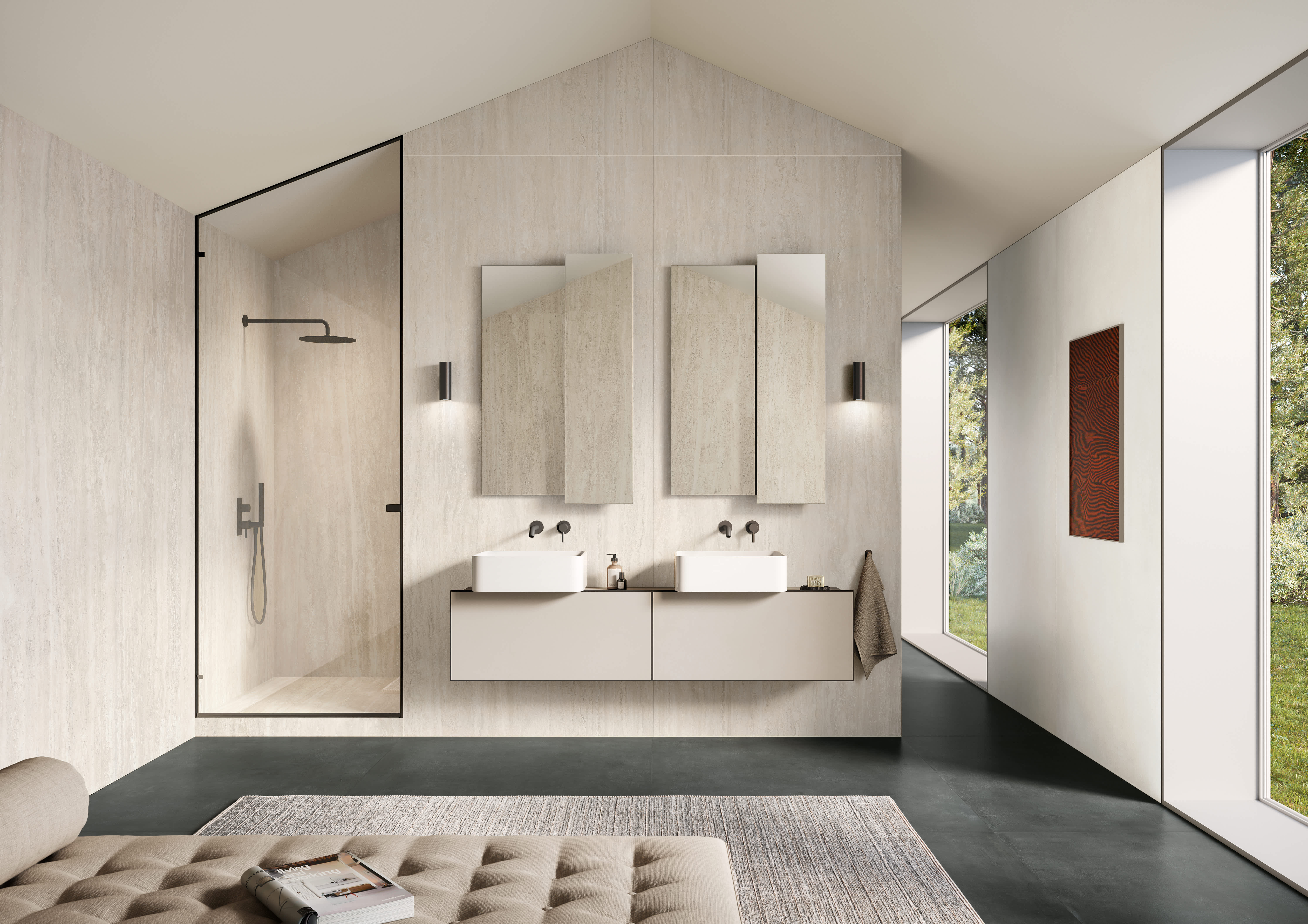 Mega i Travertini porcelain slab in Bianco lining the walls of a bright, pitched-roof bathroom with a double vanity, walk-in shower and dark floor
