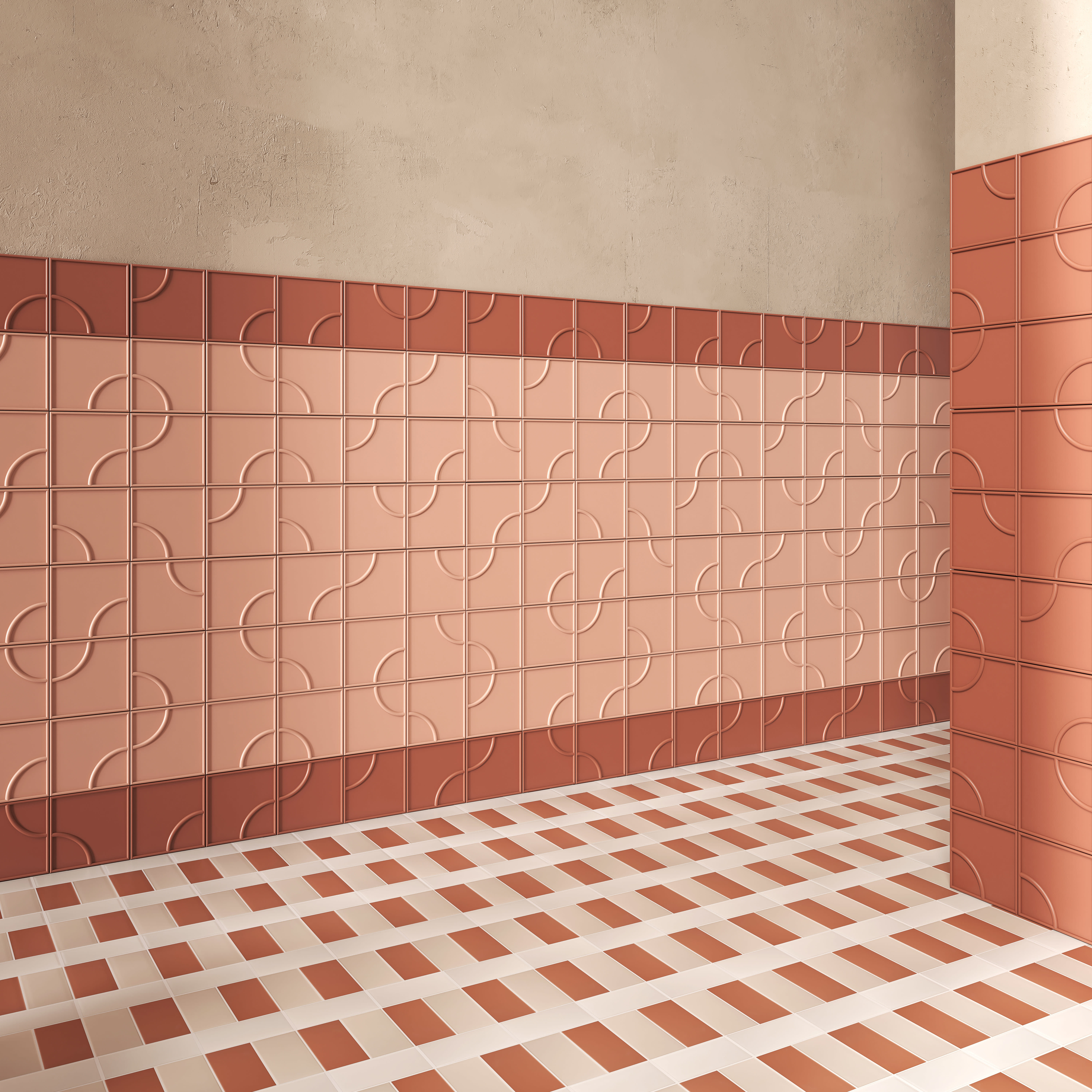 Micro Ways, by Terratinta — a salmon-pink porcelain curved-relief wainscot framed in deep brick red, above a plaid-pattern floor.