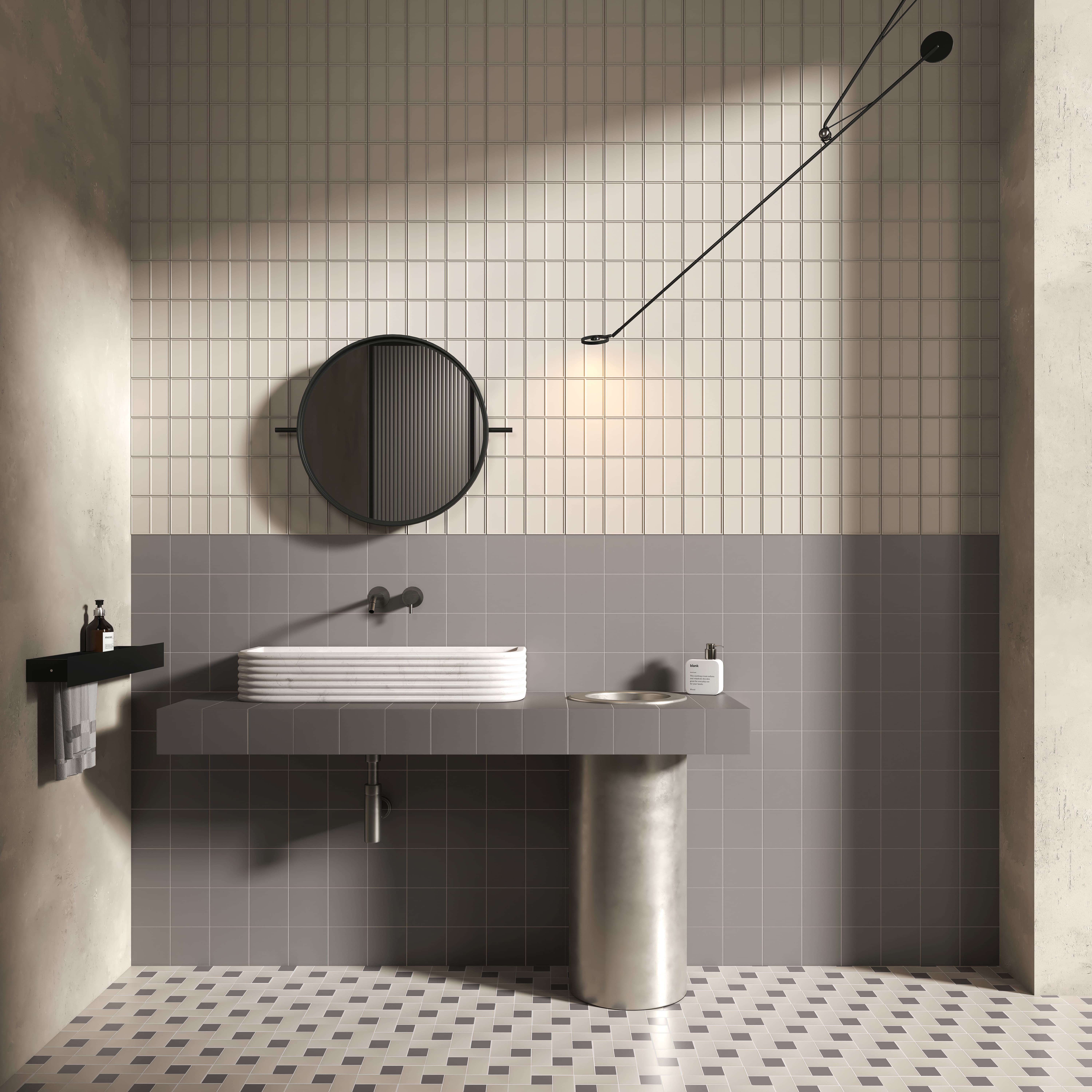 Micro Ways, by Terratinta — a dusty-pink and terracotta curved-relief wainscot above a two-tone checkerboard floor.