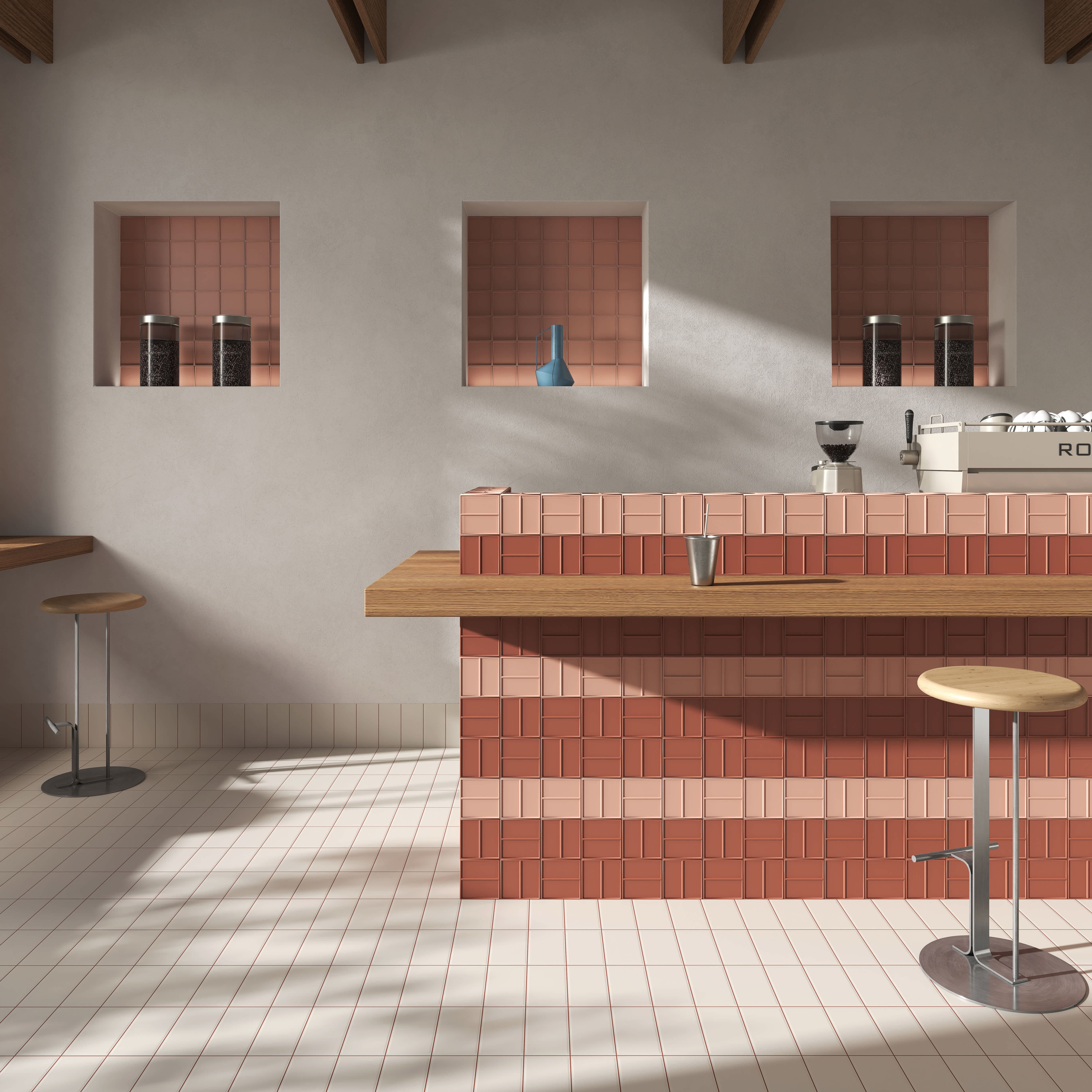 Micro Ways, by Terratinta — a bathroom with cream stacked tiles above a grey band, a round black mirror and a checkerboard floor.