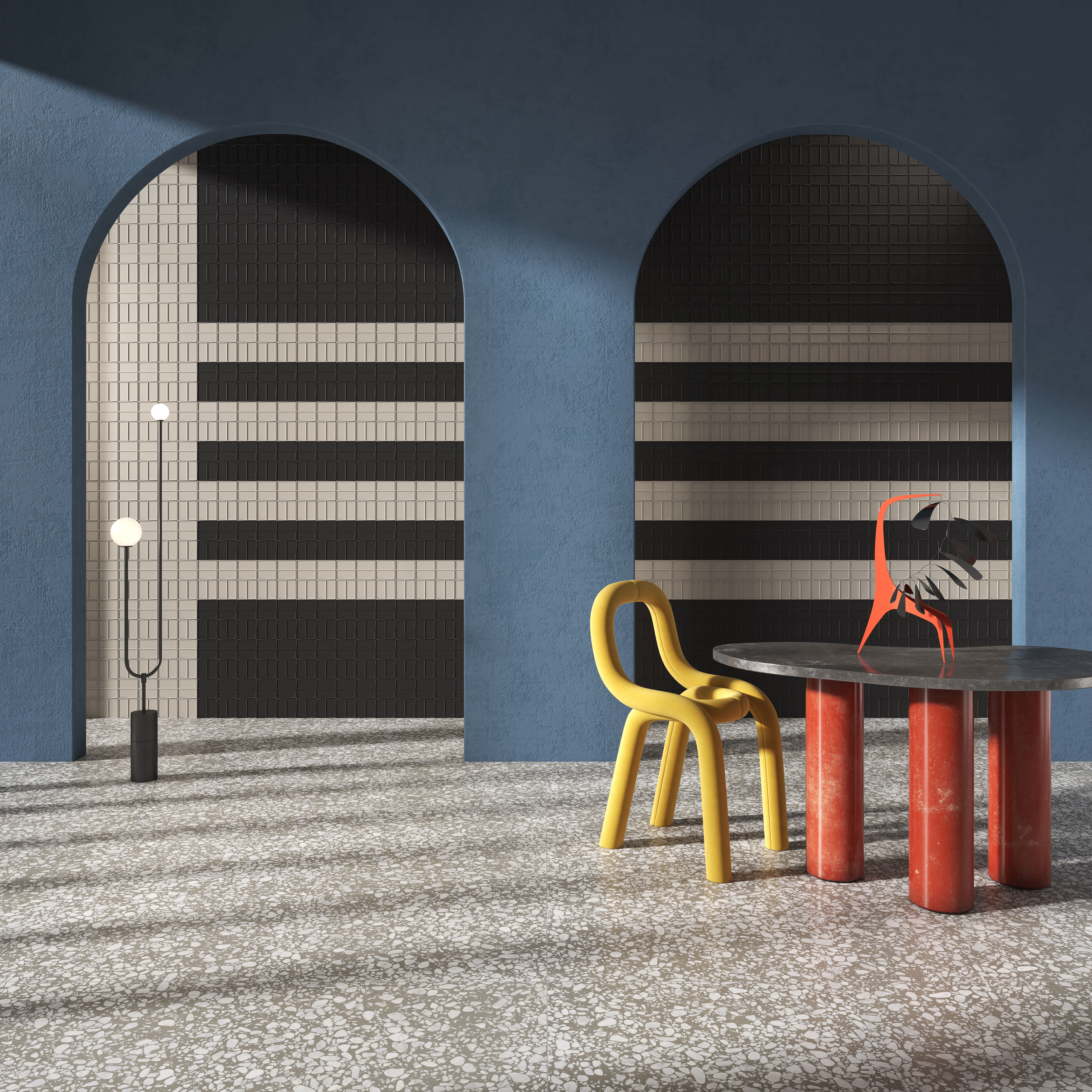 Micro Ways, by Terratinta — a bold black-and-cream striped brick layout across two arched niches, with playful modern furniture.