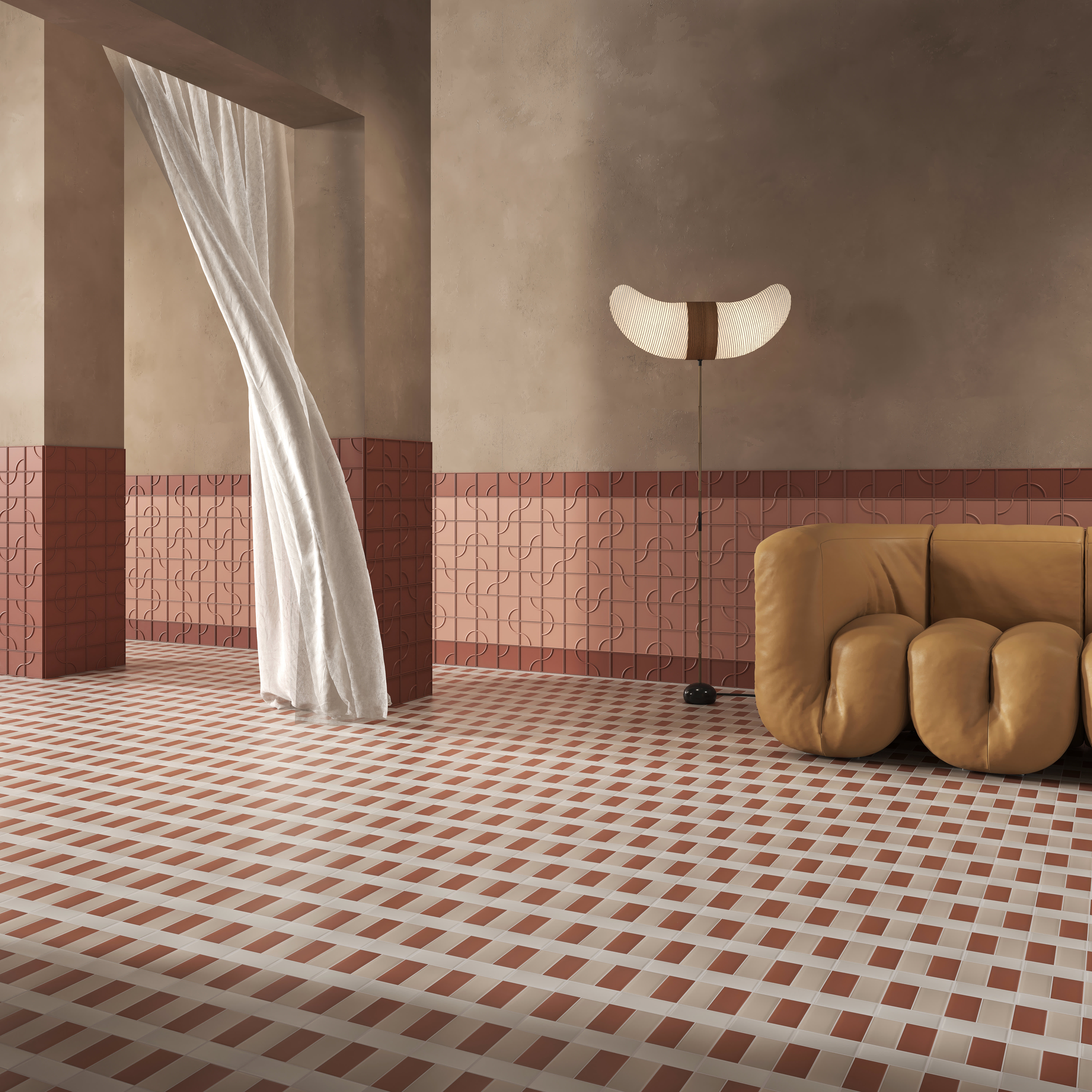 Micro Ways, by Terratinta — a cafe counter clad in blush and terracotta brick-bond relief, with recessed niches.