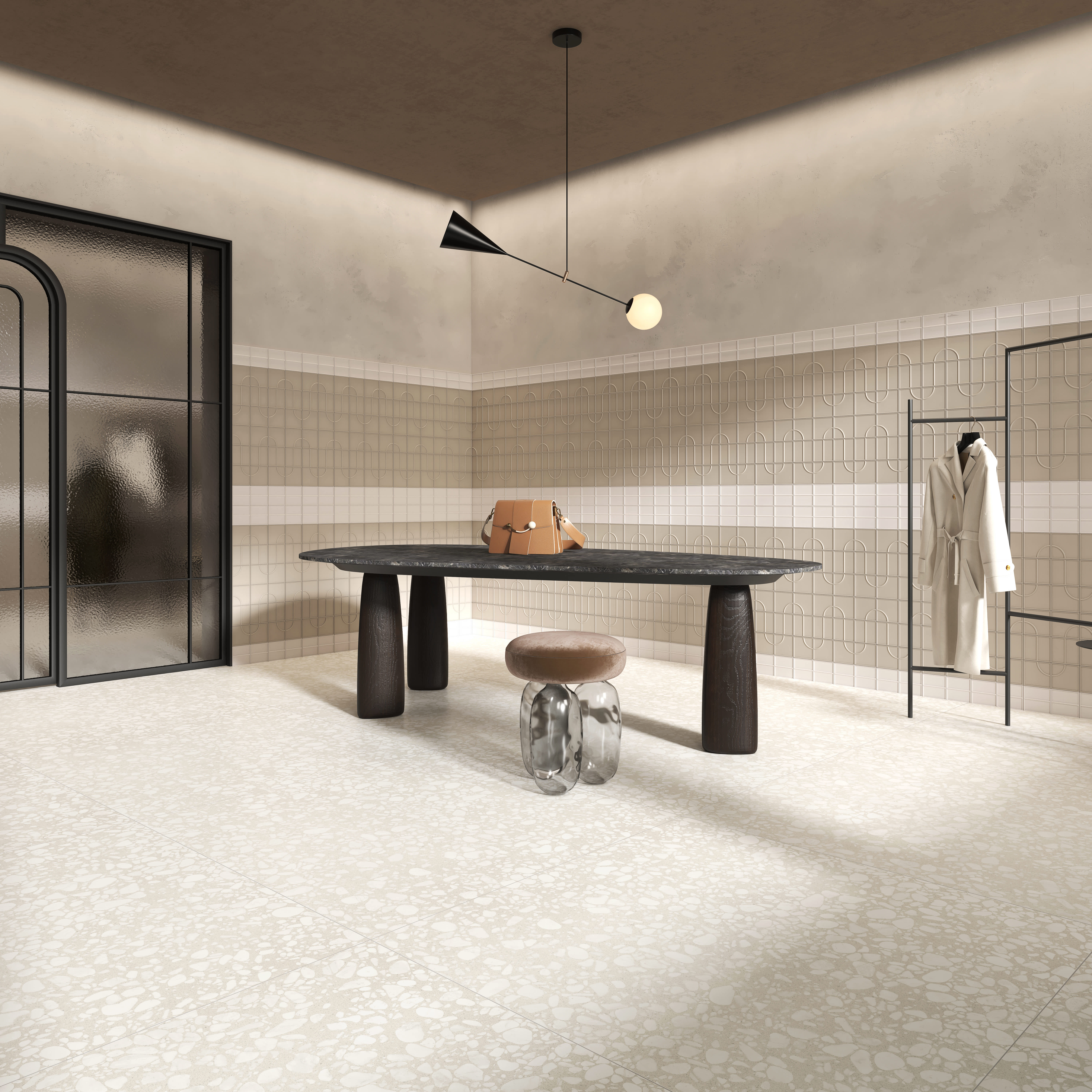 Micro Ways, by Terratinta — a taupe and white arch-relief boutique wall, styled with a dark oval table and terrazzo floor.