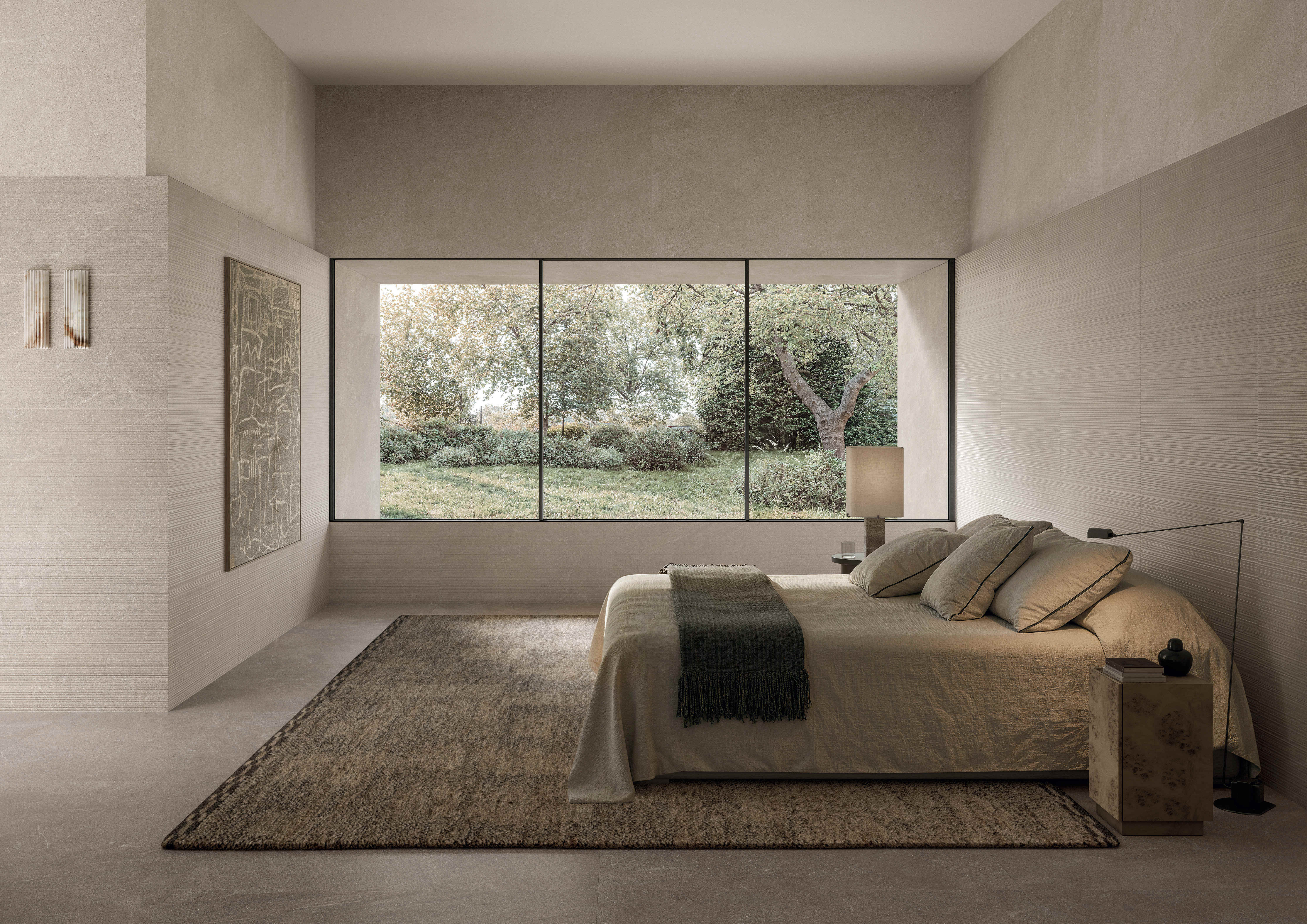 Bedroom finished in soft beige Natural porcelain with a woven rug and a garden window.