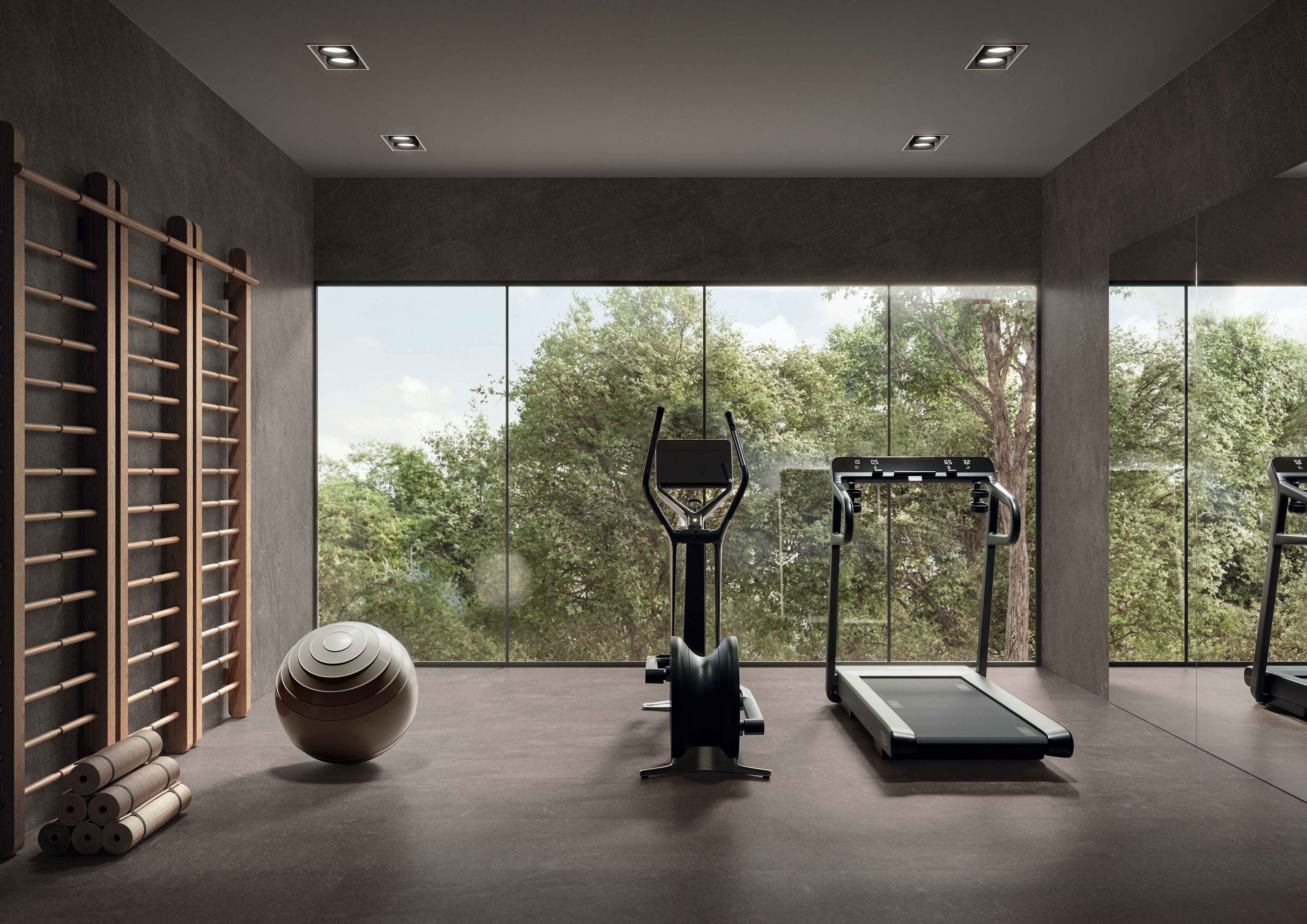 Home gym finished in deep espresso-brown Natural porcelain with full-height windows to greenery.