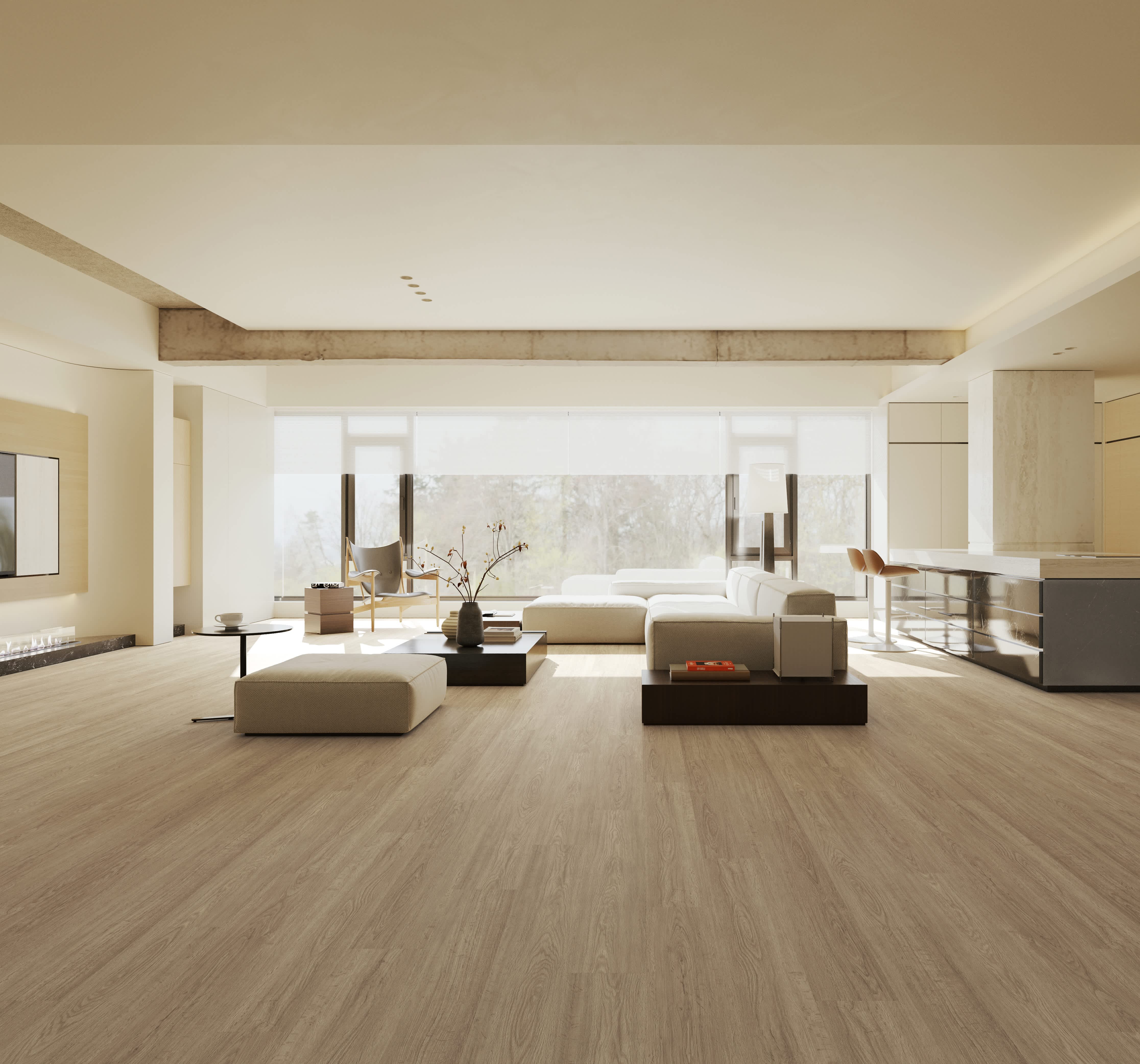 Harbor Port vinyl flooring in light warm beige, installed across a long open living space with low cream sofas