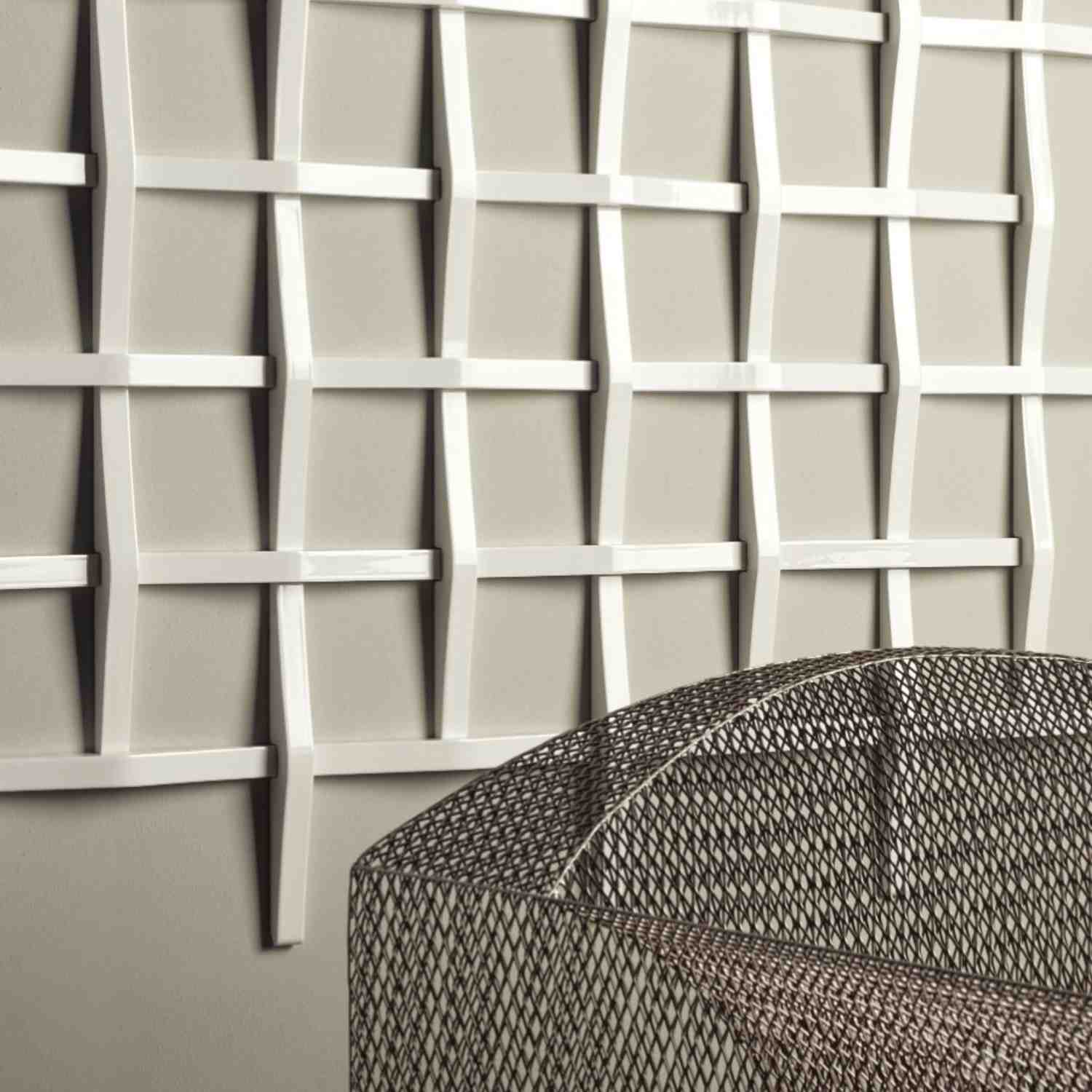 Mutina Adagio bianco sculptural ceramic wall installation with rhythmic woven grid pattern in white