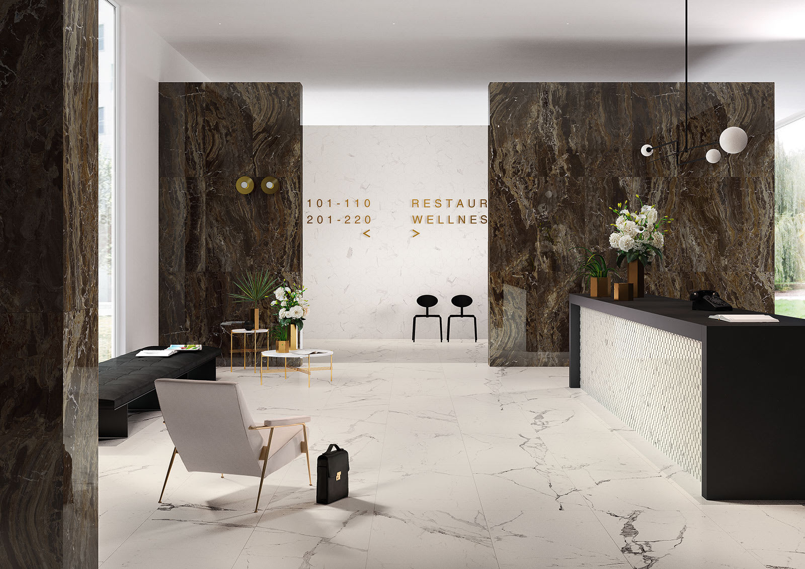 Marazzi All Marble mosaic porcelain stoneware luxury hotel lobby with Statuario white floor tiles Raffaelo dark marble walls and mosaic reception desk accent