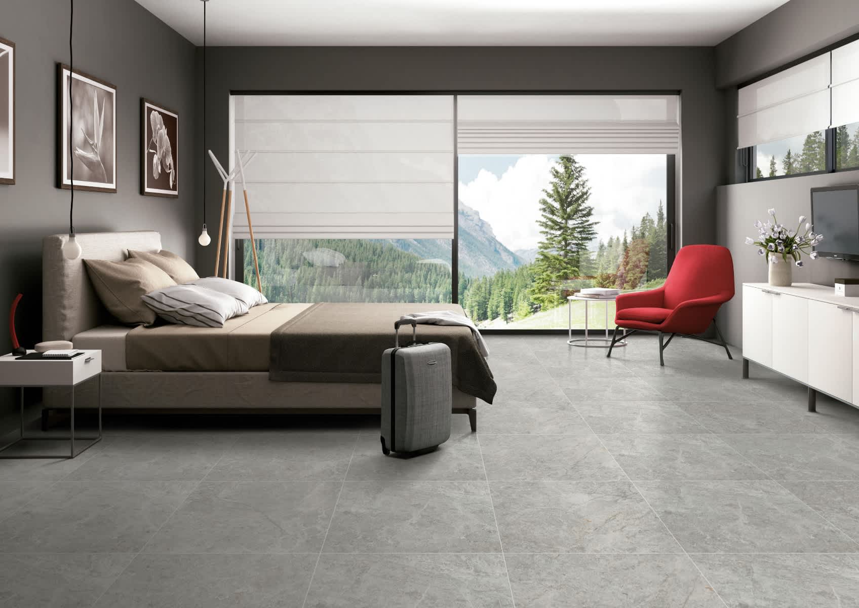 Max Glory Antalya Grey glazed porcelain tile bedroom with stone-look floor tiles panoramic mountain view window beige bed red accent chair and white credenza