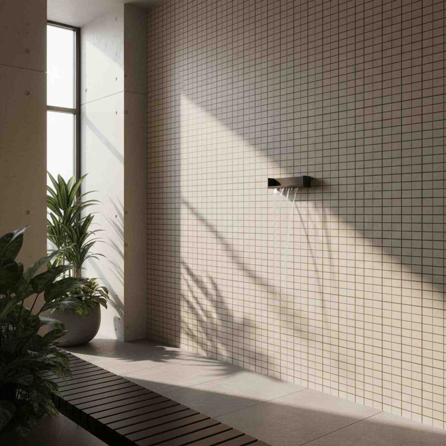 Mutina Aurore Light Blue glazed porcelain stoneware shower wall with grid tiles black wall-mounted rain shower head running water natural window light and green plant
