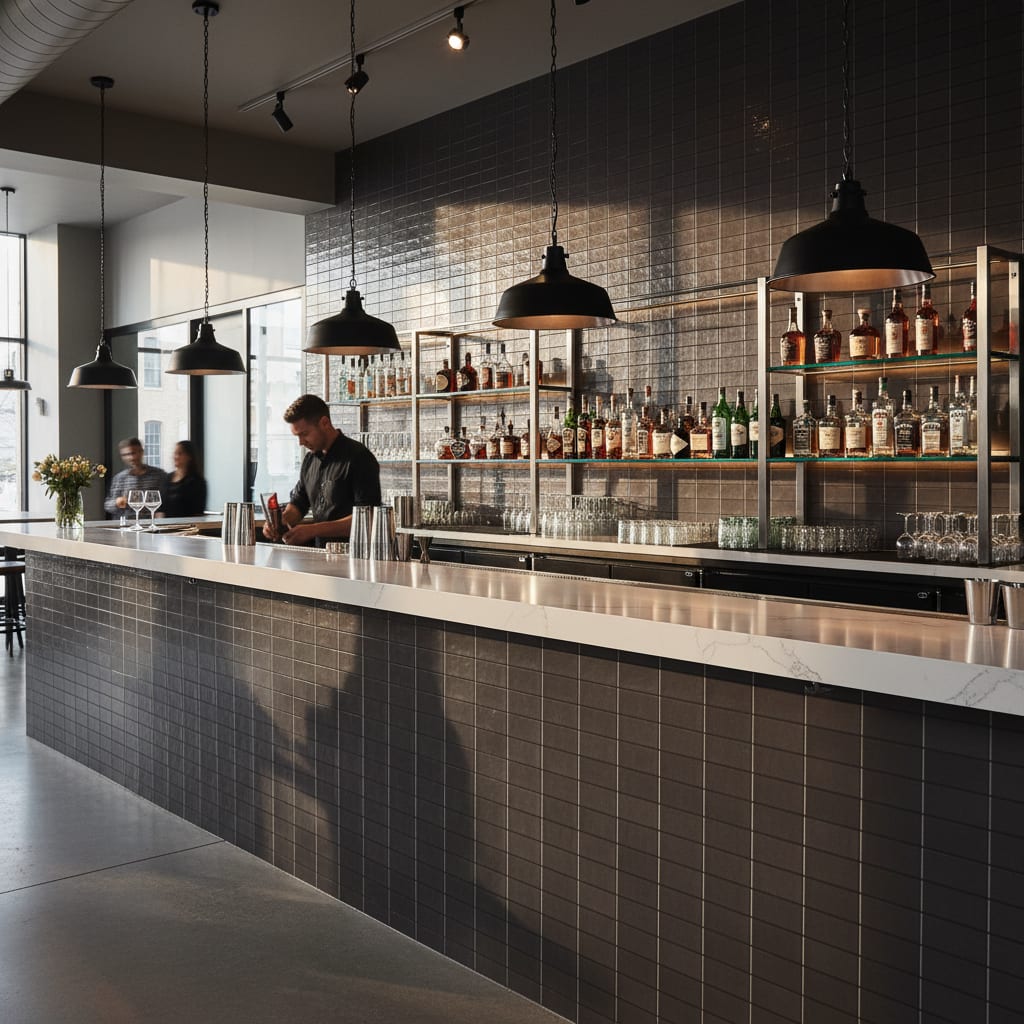 Mutina Aurore Charcoal glazed porcelain stoneware commercial bar interior with grid tile backsplash industrial pendant lights stainless steel counter and bottle shelving