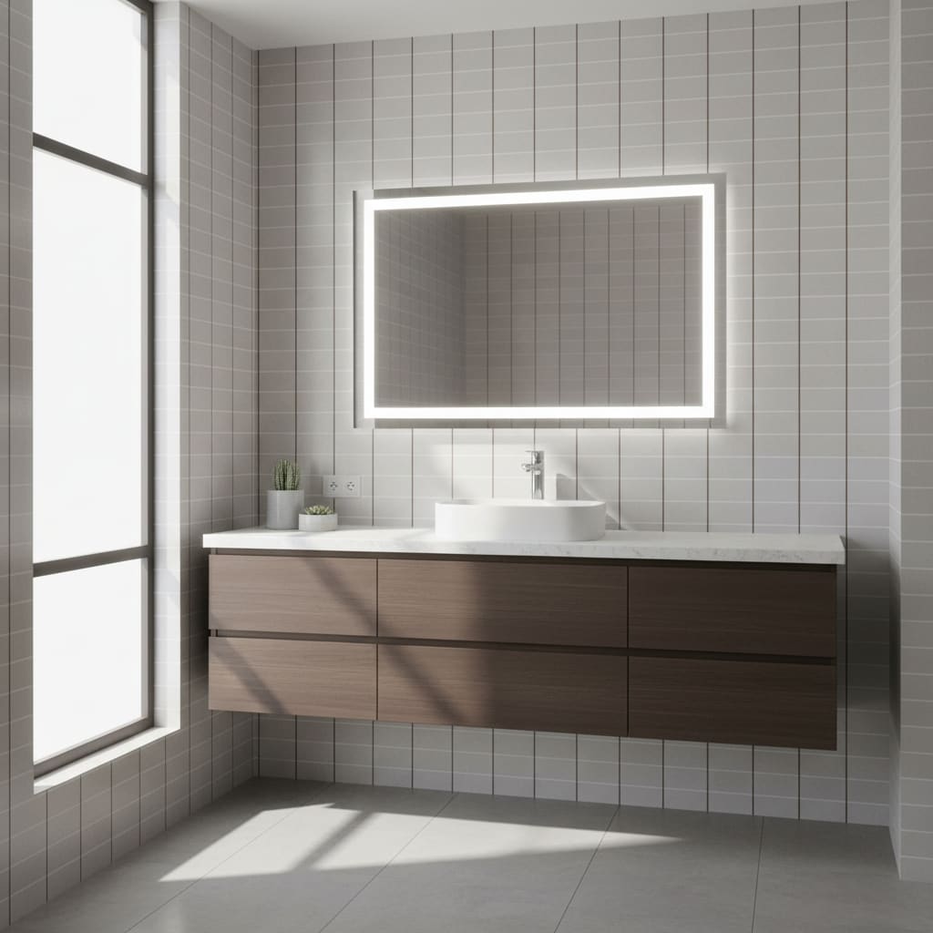 Mutina Aurore Light Grey glazed porcelain stoneware bathroom with vertical grid tile wall LED-backlit rectangular mirror white vessel sink chrome faucet and dark wood vanity