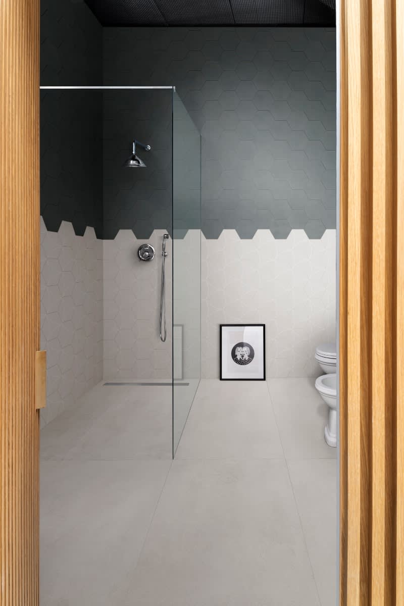 Cementum cement-look hexagonal porcelain tile in dark gray installed as shower wall cladding in a modern bathroom with glass enclosure