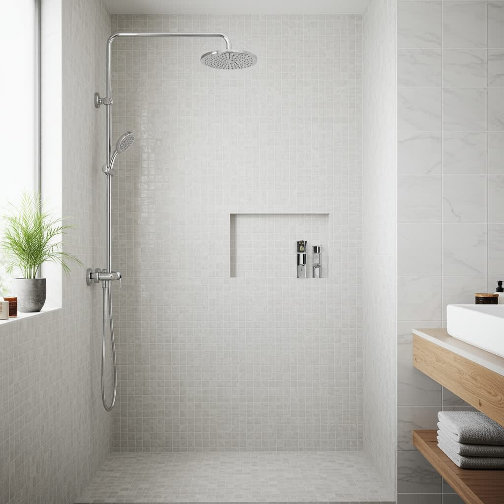 Pamesa Coralstone porcelain stoneware mosaic wall and floor tiles in light grey white coral stone finish installed in modern bathroom shower with chrome rain shower head handheld shower built-in wall niche with bath products potted green plant and adjacen