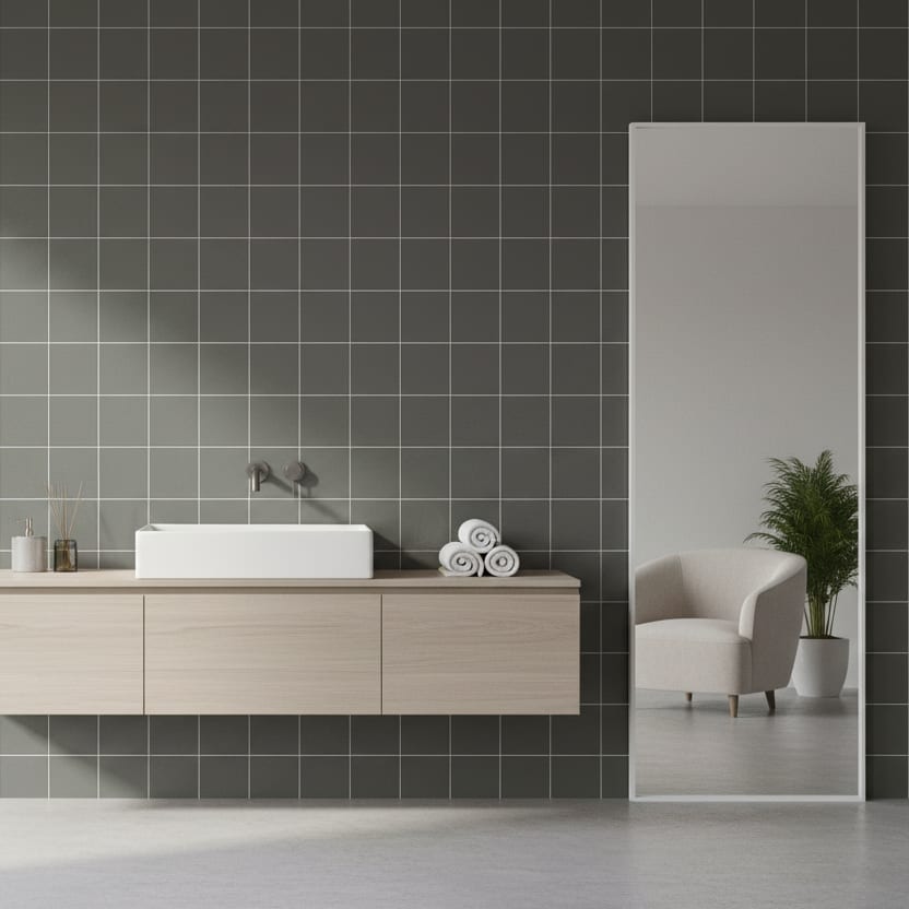 Mutina Dintorni ceramic wall tiles in verde scuro dark green with grid pattern installed in modern bathroom with floating light wood vanity white vessel sink wall-mounted faucet rolled towels tall mirror white armchair and potted palm plant