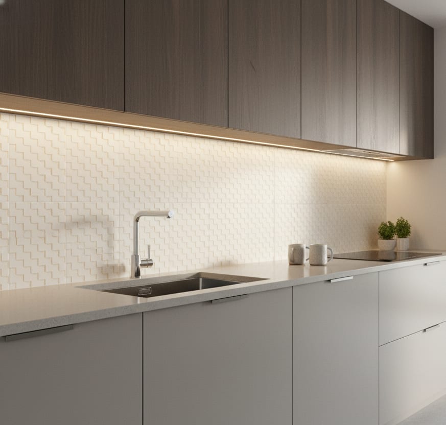 Mutina Dintorni ceramic wall tiles in scala sole light cream with subtle geometric pattern installed as kitchen backsplash with dark wood upper cabinets warm under-cabinet lighting light grey lower cabinets stainless steel sink and faucet and potted herb
