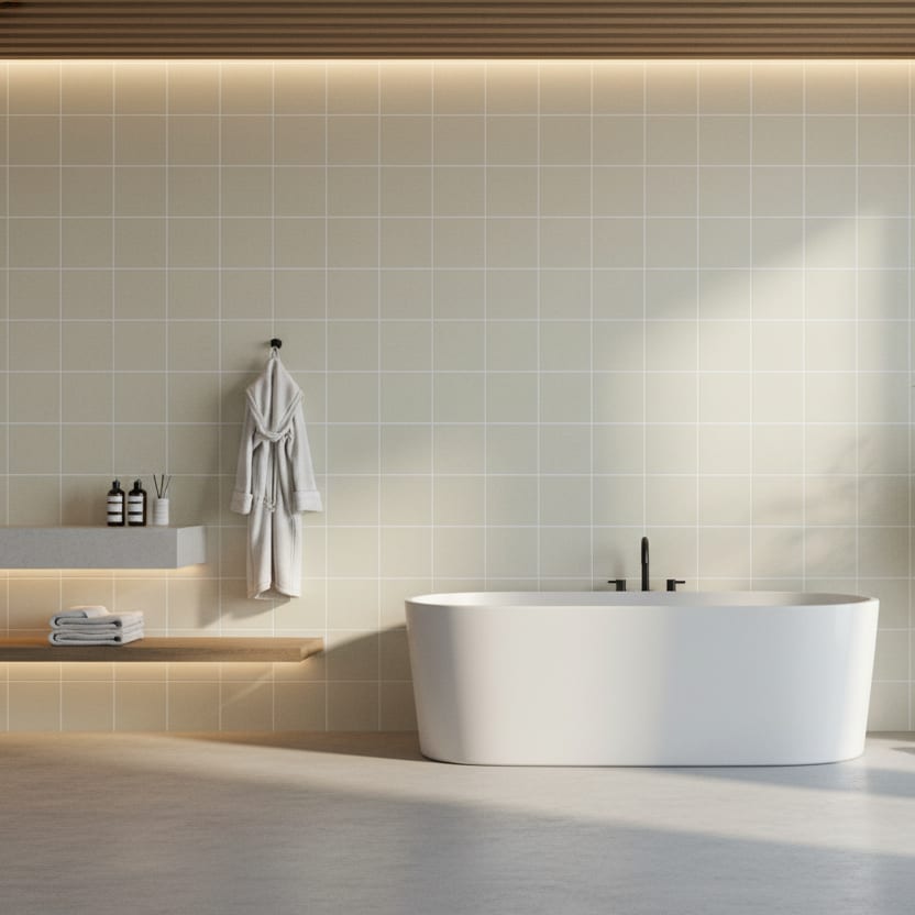 Mutina Dintorni ceramic wall tiles in terracotta warm beige installed in luxury bathroom with wood slat ceiling detail freestanding white bathtub black fixtures hanging white bathrobe floating vanity with folded towels and warm ambient lighting