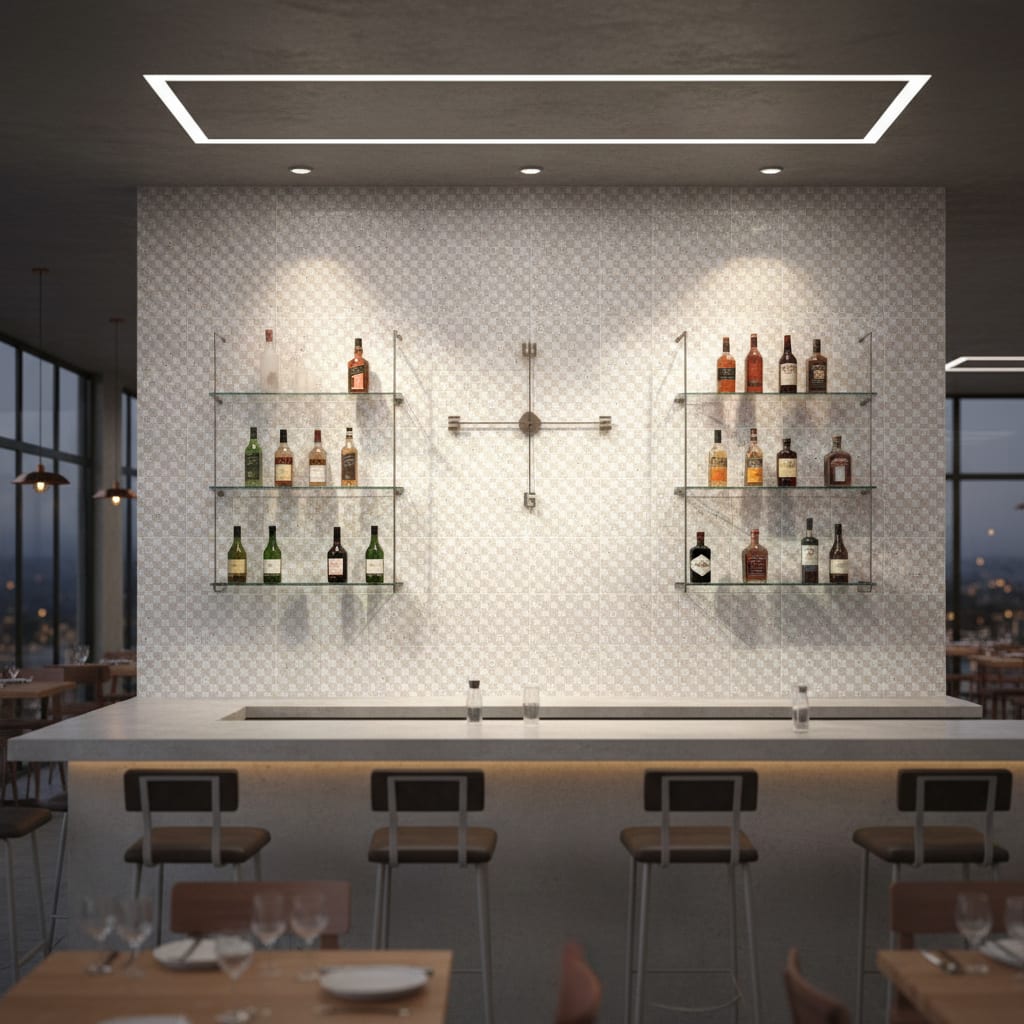 Mutina Dintorni ceramic wall tiles in scala sole light cream with subtle checkered pattern installed as bar backdrop in upscale lounge with glass shelving displaying liquor bottles modern rectangular LED pendant light marble bar counter and city skyline v