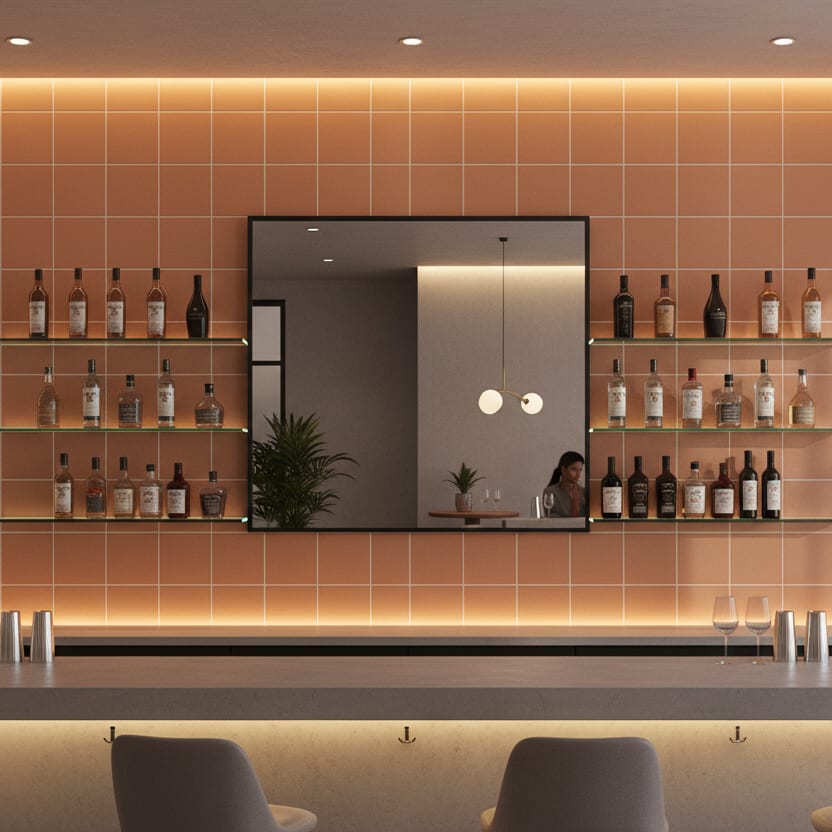 Mutina Dintorni ceramic wall tiles in terracotta orange installed as bar wall cladding in upscale lounge with illuminated floating shelves displaying spirit bottles central mirror opening recessed downlights wine glasses on marble bar counter and dark uph