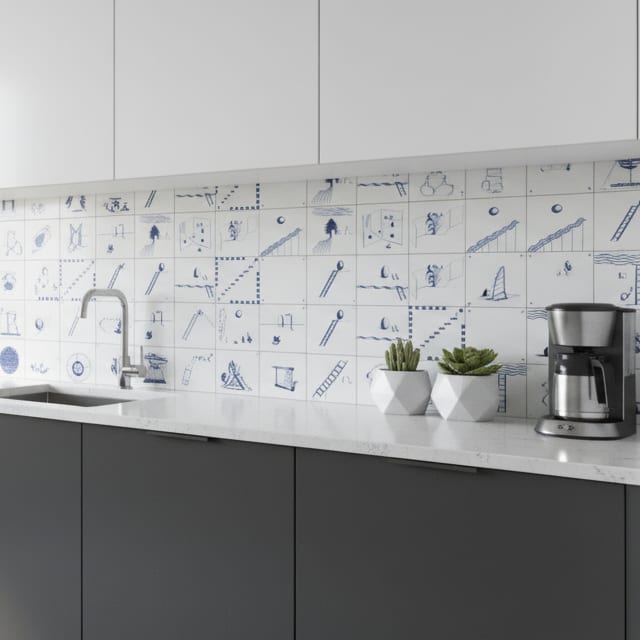 Mutina Dintorni decorative ceramic wall tiles in white with blue hand-painted Delft-inspired illustrations installed as modern kitchen backsplash with dark grey cabinets marble countertop stainless steel faucet coffee maker and small potted succulents