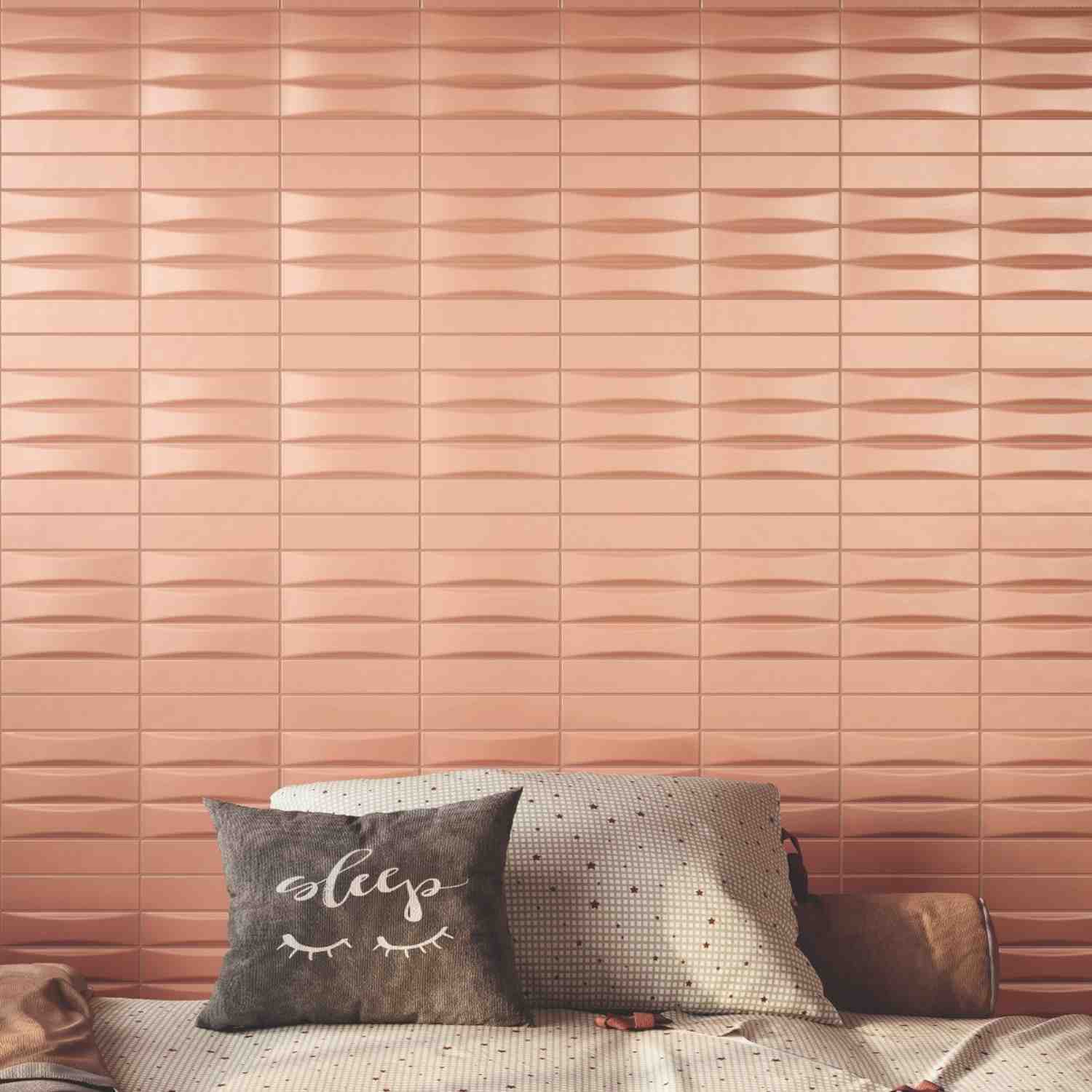 Elios Dust matte ceramic wall tiles in dove soft pink terracotta full wall view showing undulating wave relief pattern with three-dimensional sculptural surface texture in stacked bond layout