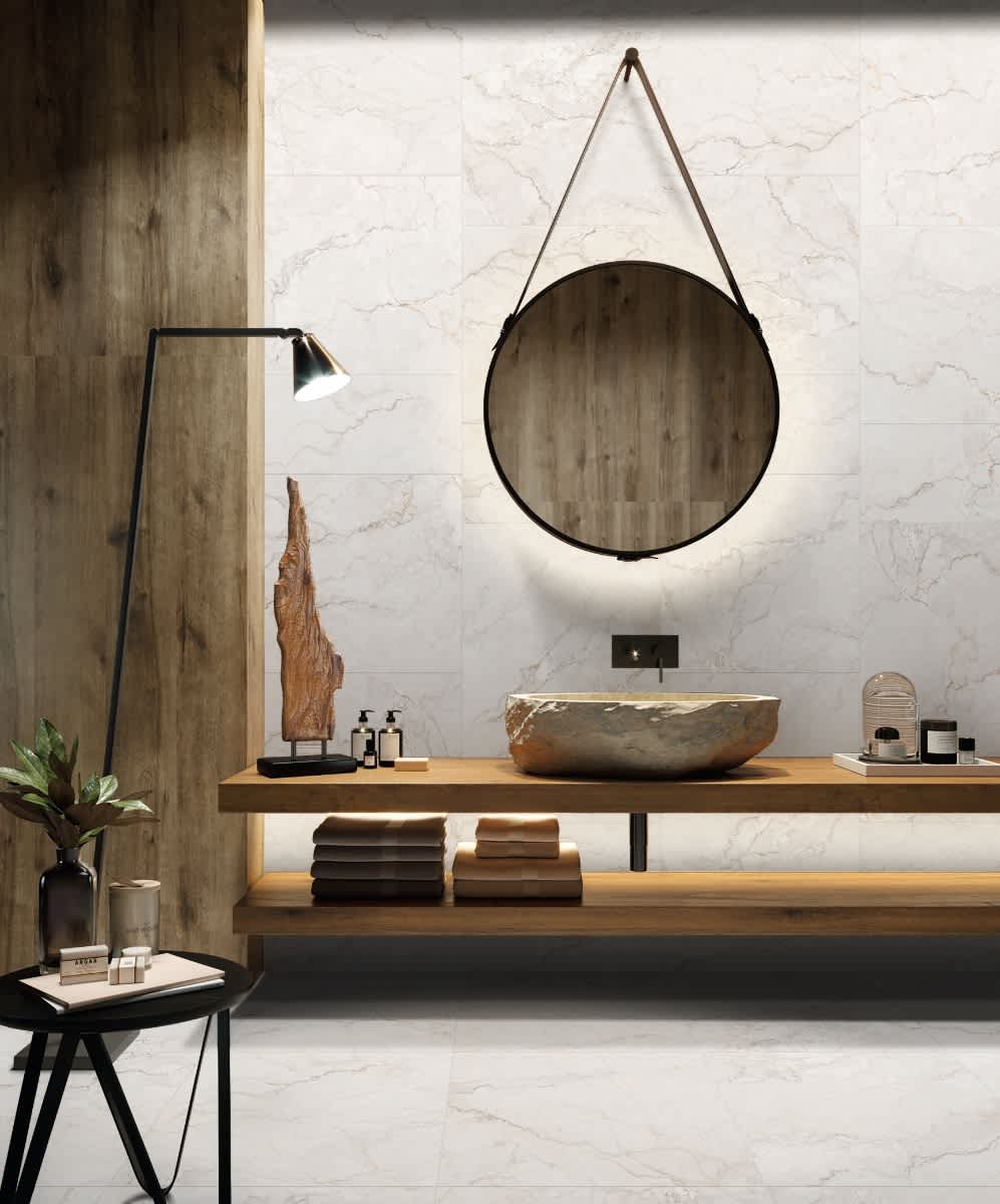 Eterna porcelain tile collection installed in modern bathroom — Stone Tile