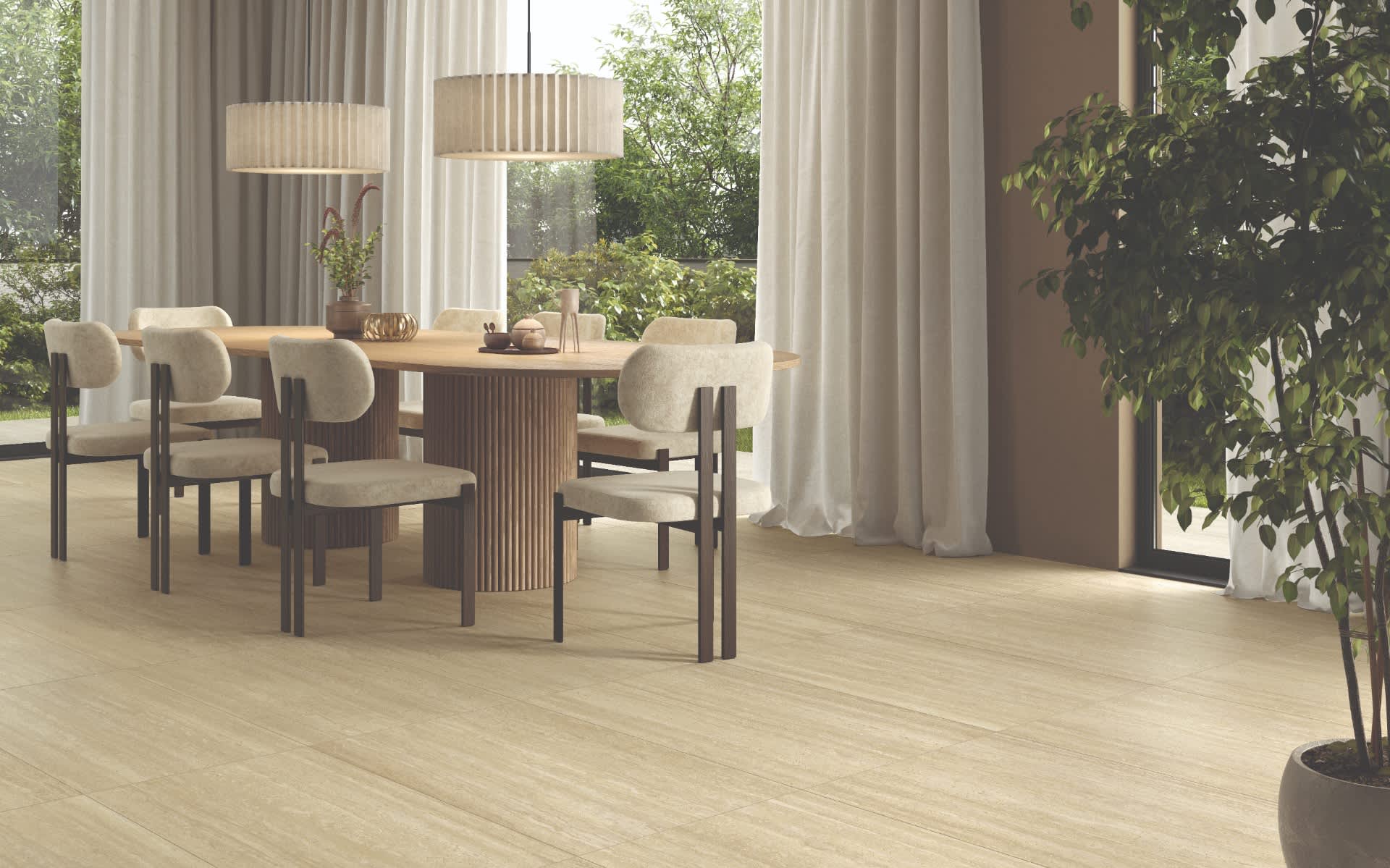 Castelvetro Firenze vein cut porcelain stoneware large format floor tiles in avorio warm beige installed in elegant dining room with round fluted pedestal table cream upholstered chairs drum pendant light terracotta accent wall sheer curtains and indoor p