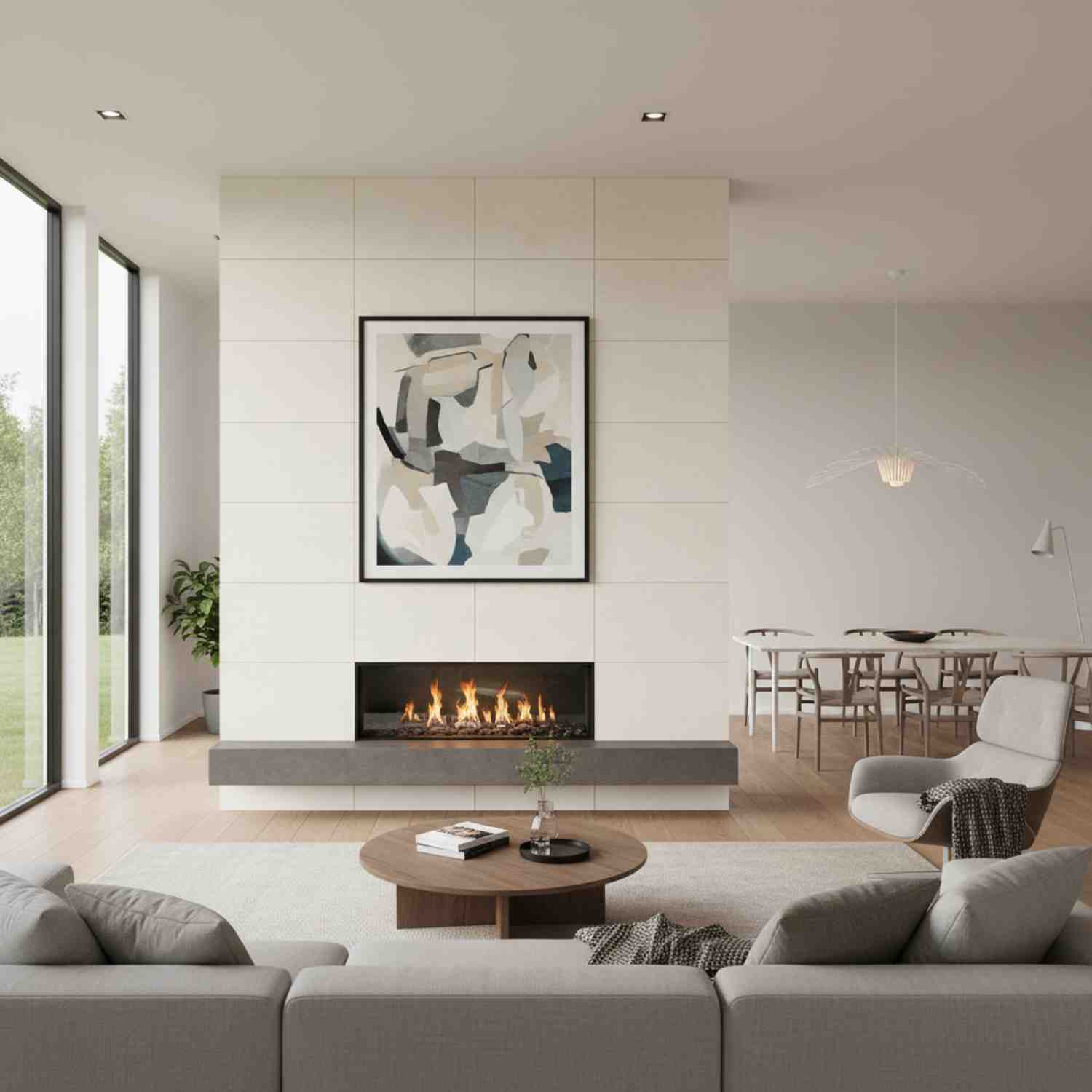 White porcelain stoneware wall tile in luxury living room with fireplace and art