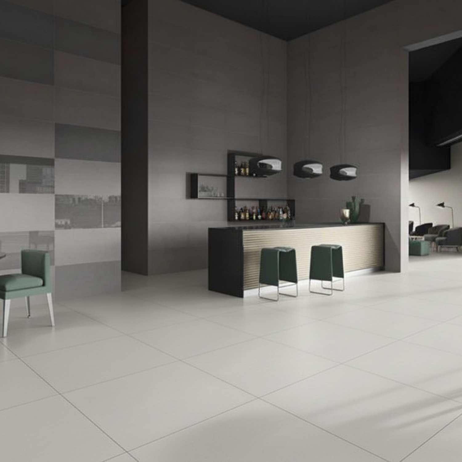 Fog grey and Ice white porcelain floor tile in contemporary bar lounge interior