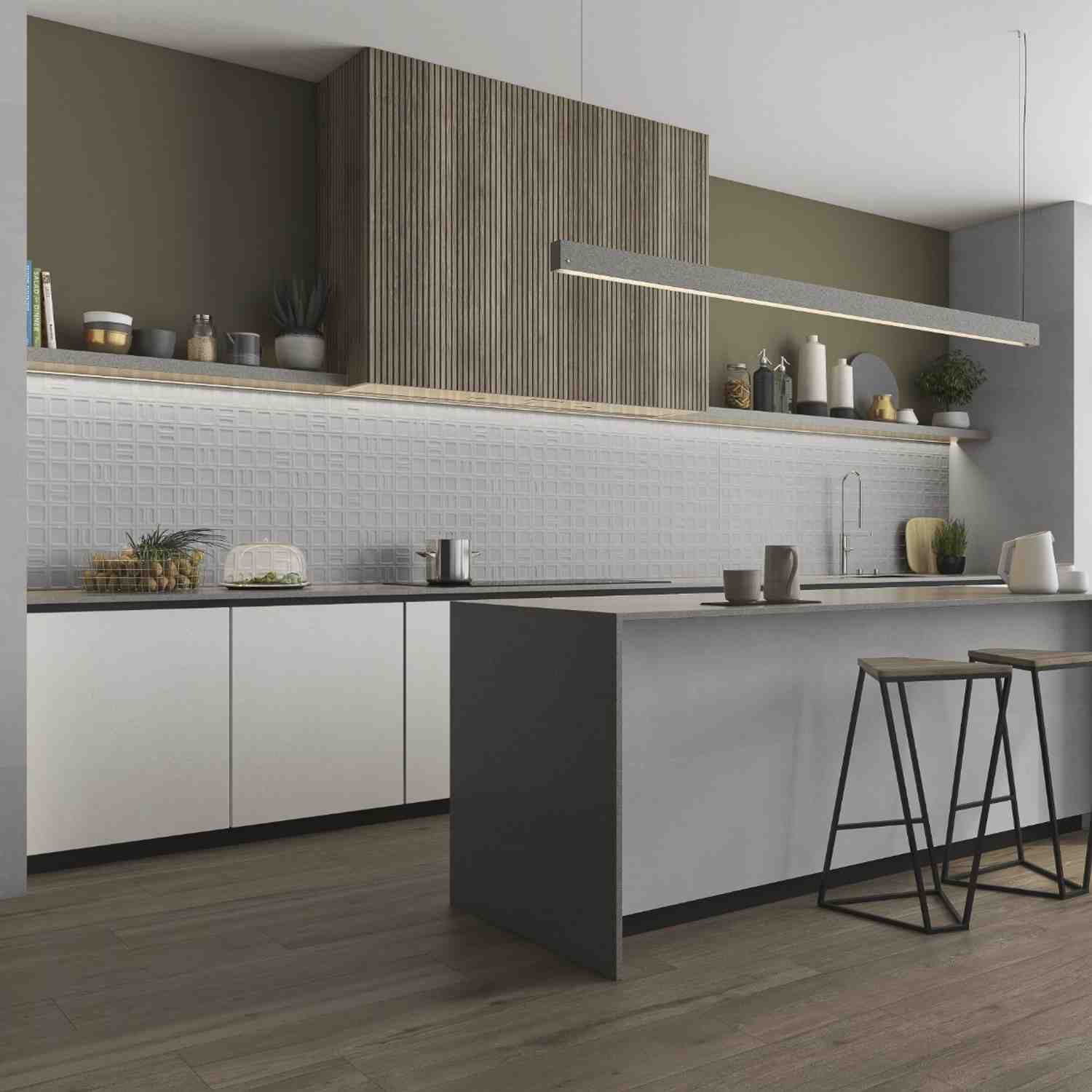 Argenta Gravel porcelain stoneware white textured backsplash wall tiles with three-dimensional grid pattern in modern kitchen featuring olive khaki cabinetry vertical wood slat accent wall open shelving with ceramics under-cabinet LED lighting and wooden