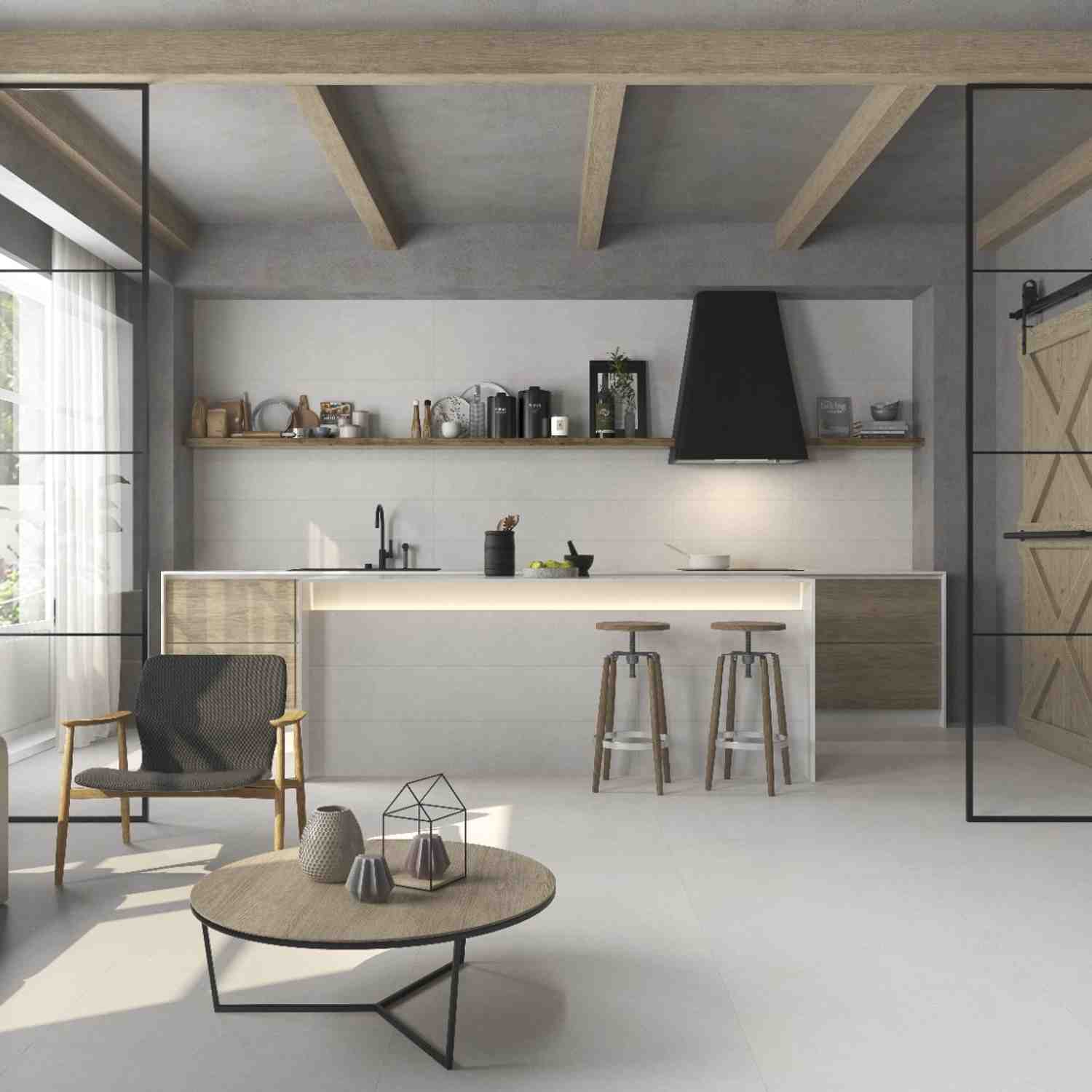 Argenta Gravel porcelain stoneware wall tiles in cream white with stone-cement finish in modern kitchen featuring exposed wooden ceiling beams black range hood open shelving white island with under-cabinet lighting and bar stools