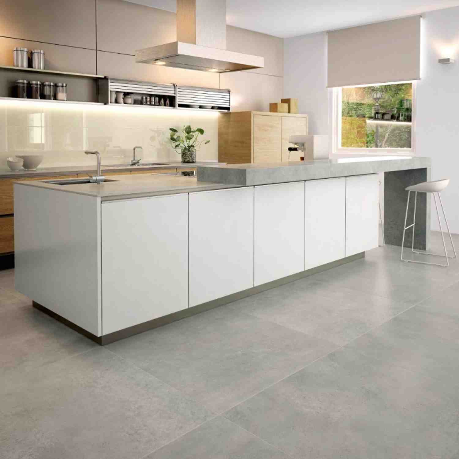 Light Grey Porcelain Floor Tile in Modern Kitchen with White Cabinetry