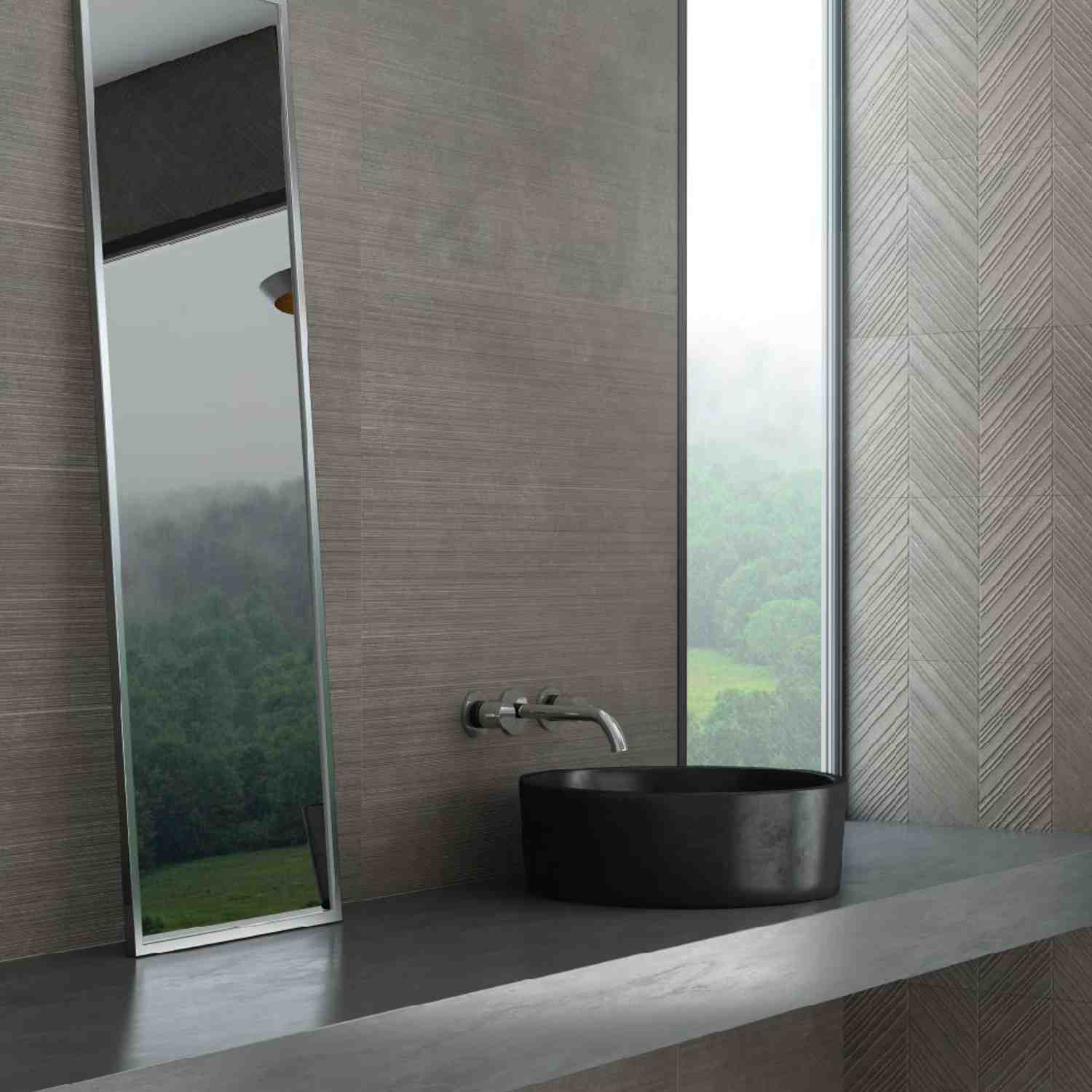 Gubi Wall Porcelain Tile in Modern Bathroom with Herringbone Accent Wall