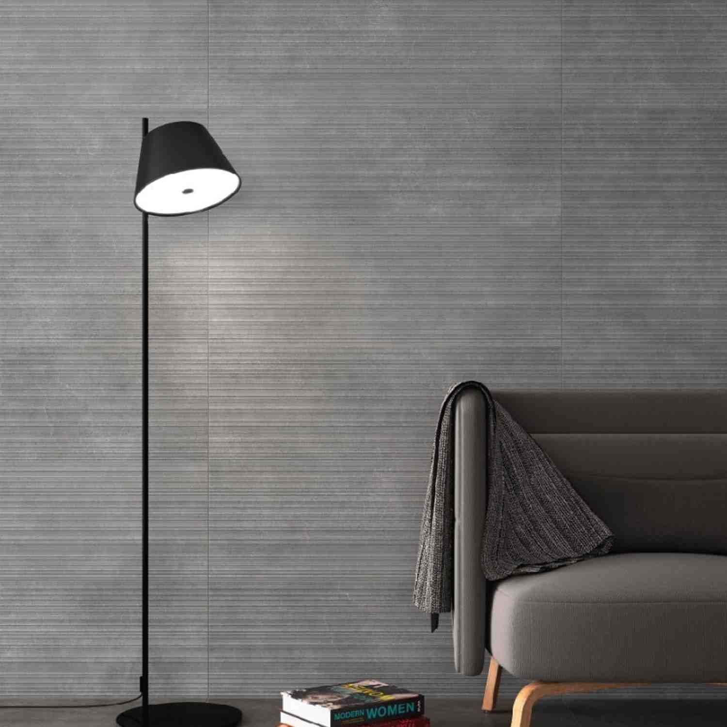 Grey Textured Porcelain Wall Tile in Contemporary Living Room with Floor Lamp