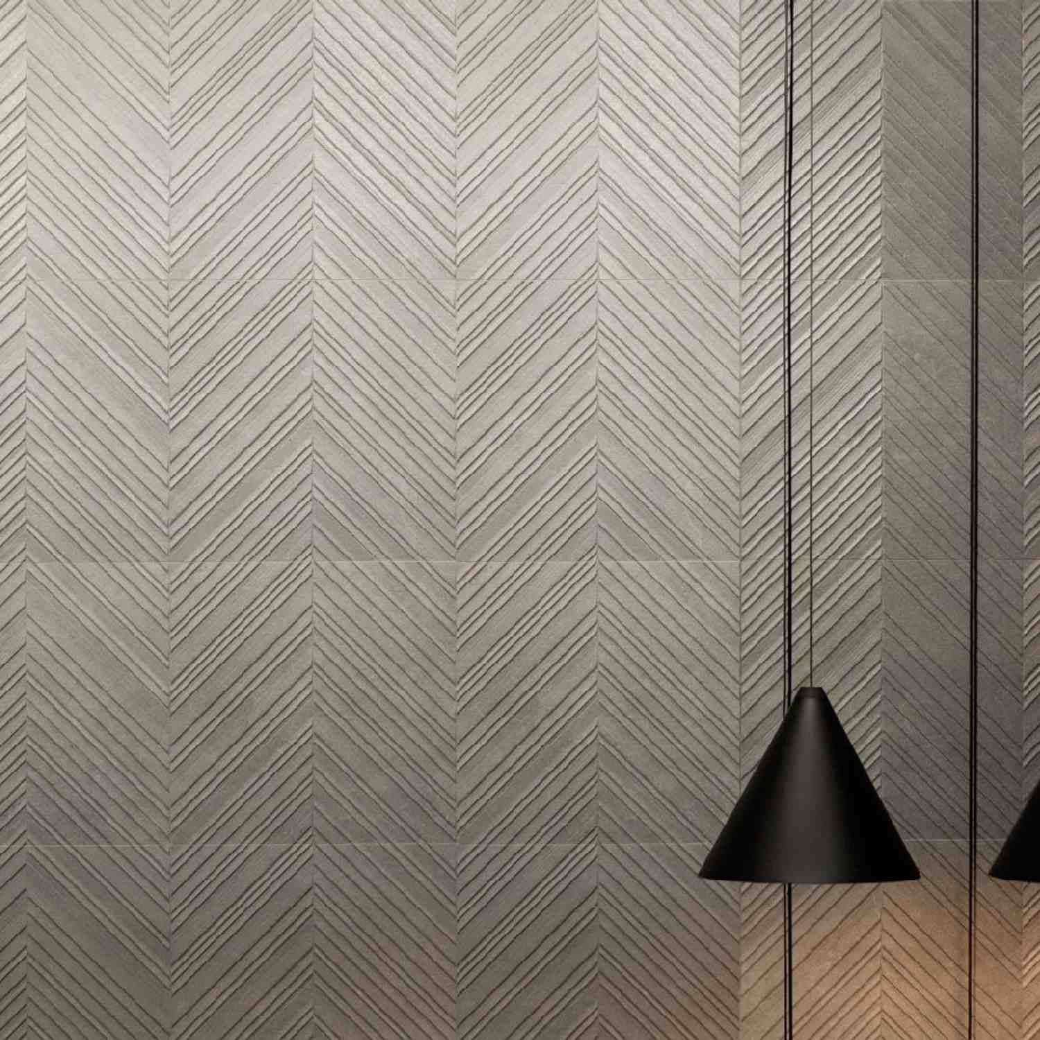 Light Grey Chevron Porcelain Wall Tile with Dark Vertical Strip Accent Detail