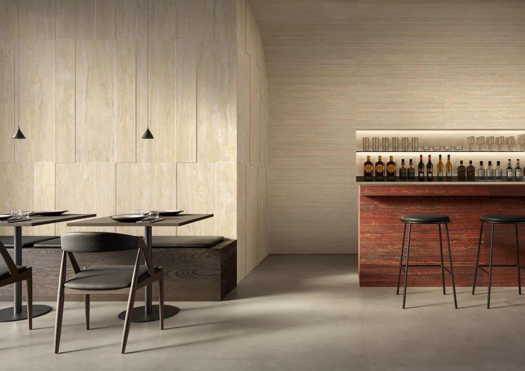 Beige Vein Cut Travertine Look Porcelain Wall Tile in Restaurant with Rosso Bar Counter
