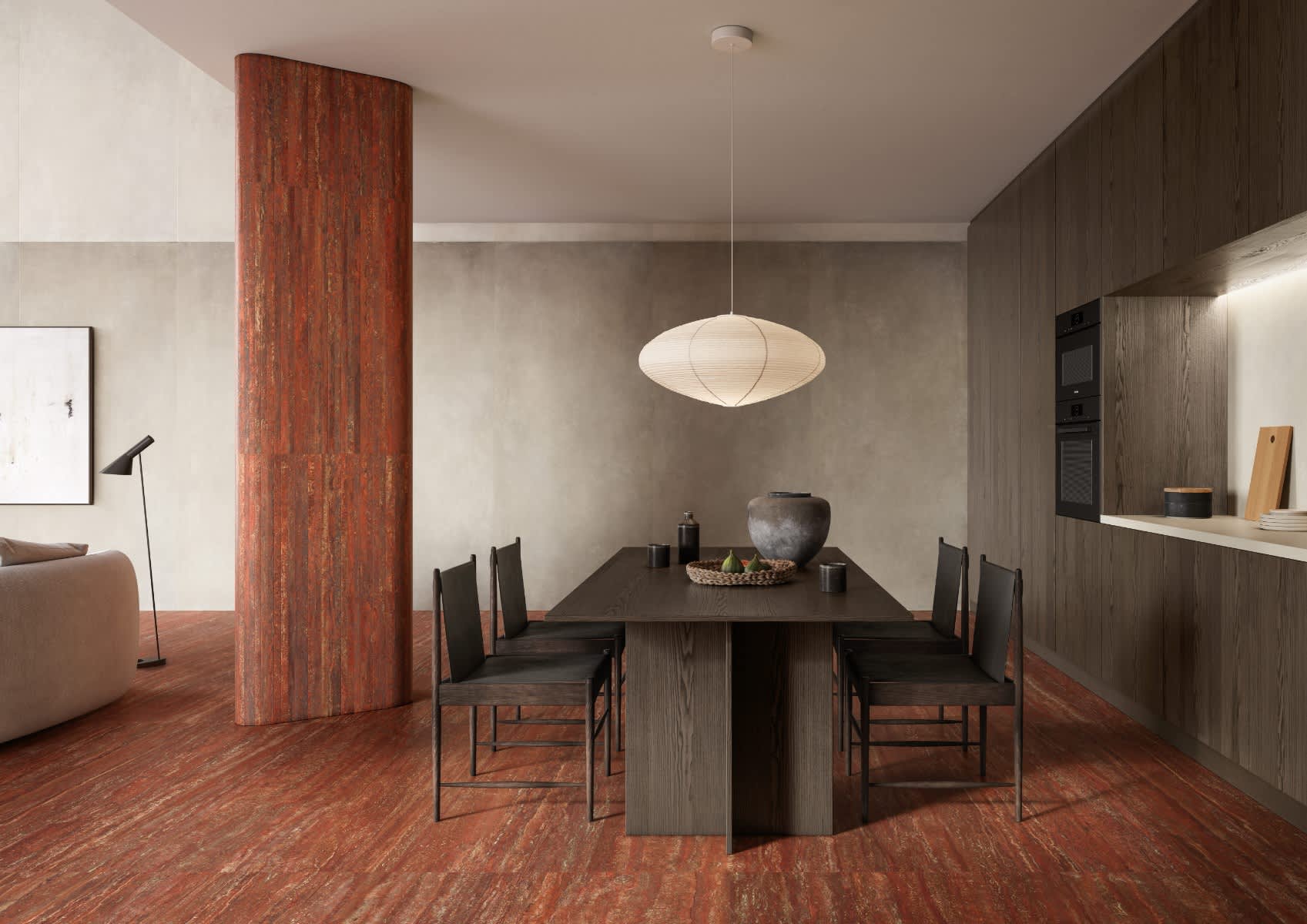 Rosso Cross Cut Travertine Look Porcelain Floor and Column Tile in Dining Room
