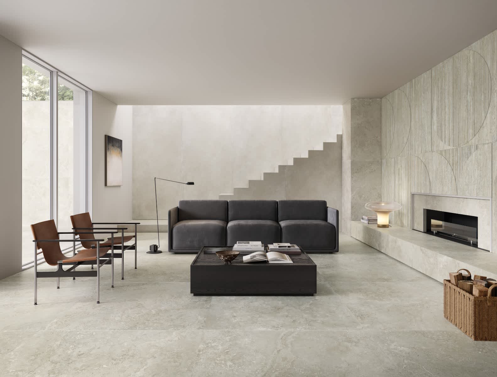 Bianco Cross Cut Travertine Look Porcelain Floor and Wall Tile in Living Room with Staircase