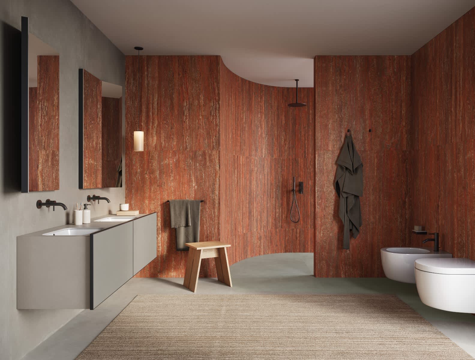 Rosso Vein Cut Travertine Look Porcelain Wall Tile in Luxury Bathroom with Freestanding Tub