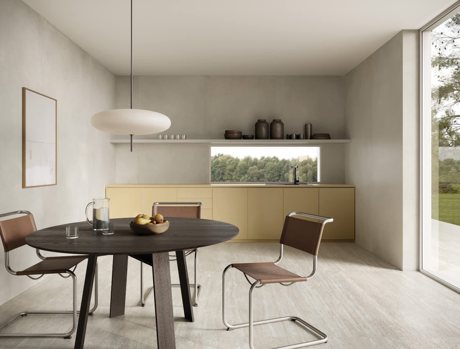 Light Grey Travertine Look Porcelain Floor Tile in Contemporary Kitchen Dining Room