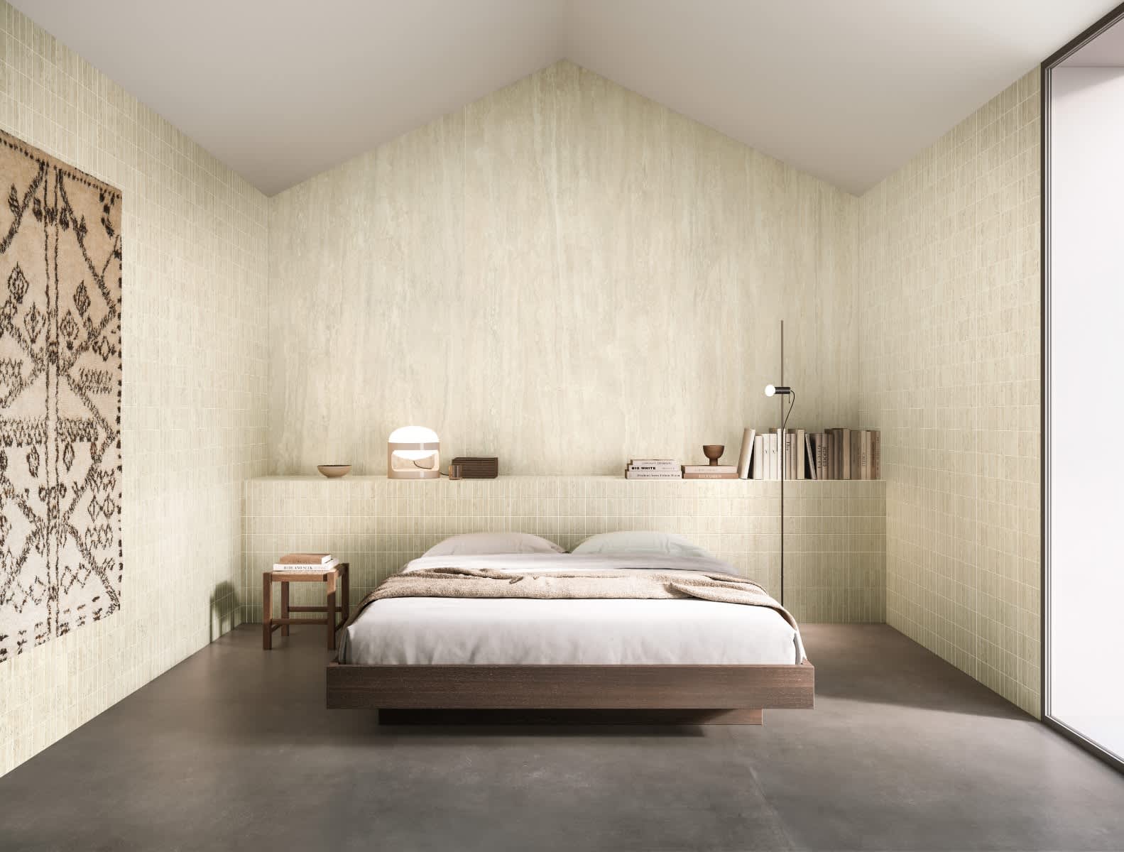 Beige Vein Cut Travertine Look Porcelain Wall Tile in Bedroom with Vaulted Ceiling