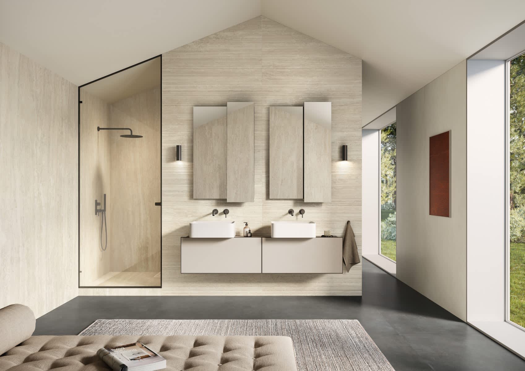 Beige Travertine Look Porcelain Wall Tile in Luxury Bathroom with Dual Vanity and Shower