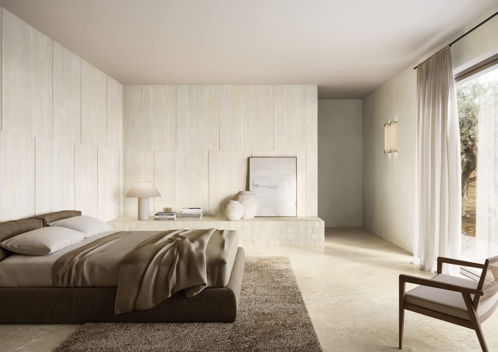 Bianco Vein Cut Travertine Look Porcelain Wall Tile in Luxury Bedroom Suite