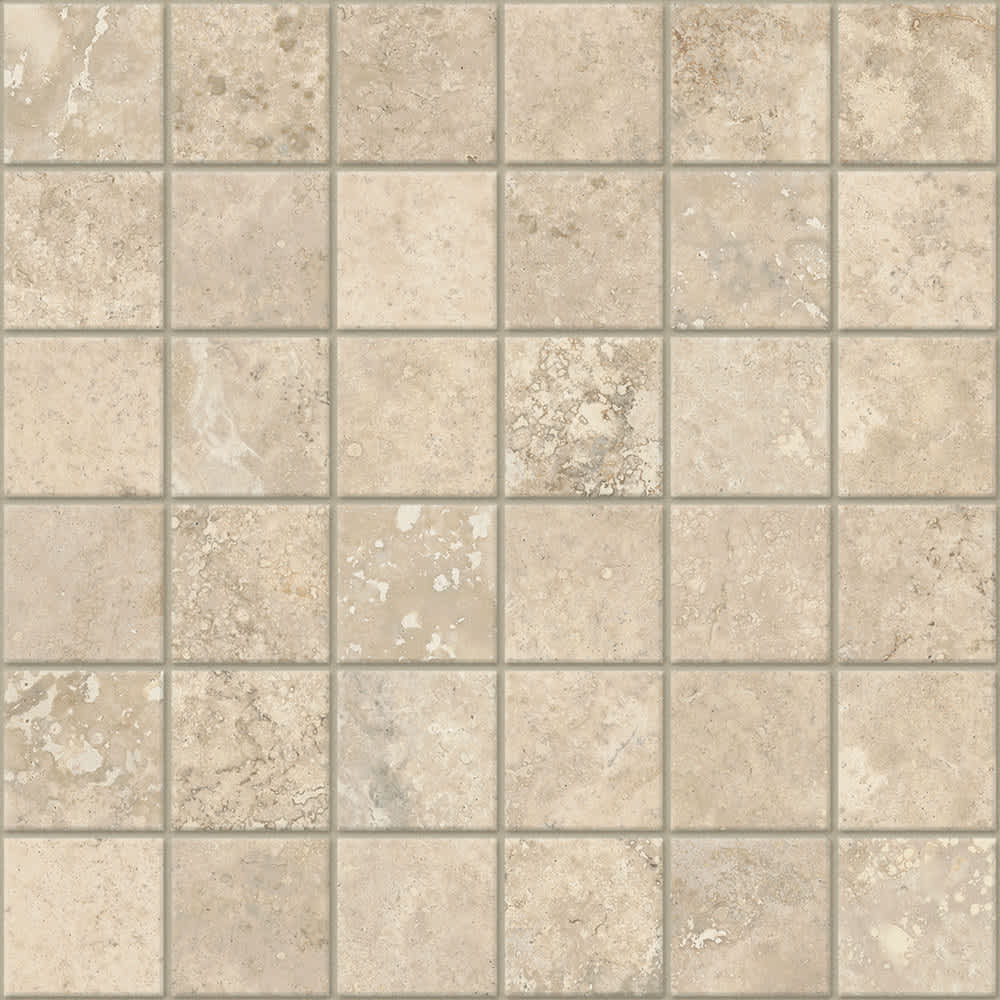 Caesar Iconica mosaic porcelain tile close-up showing hexagon shaped matte tiles in warm beige Navona Verso tone with natural stone-like variation and subtle veining
