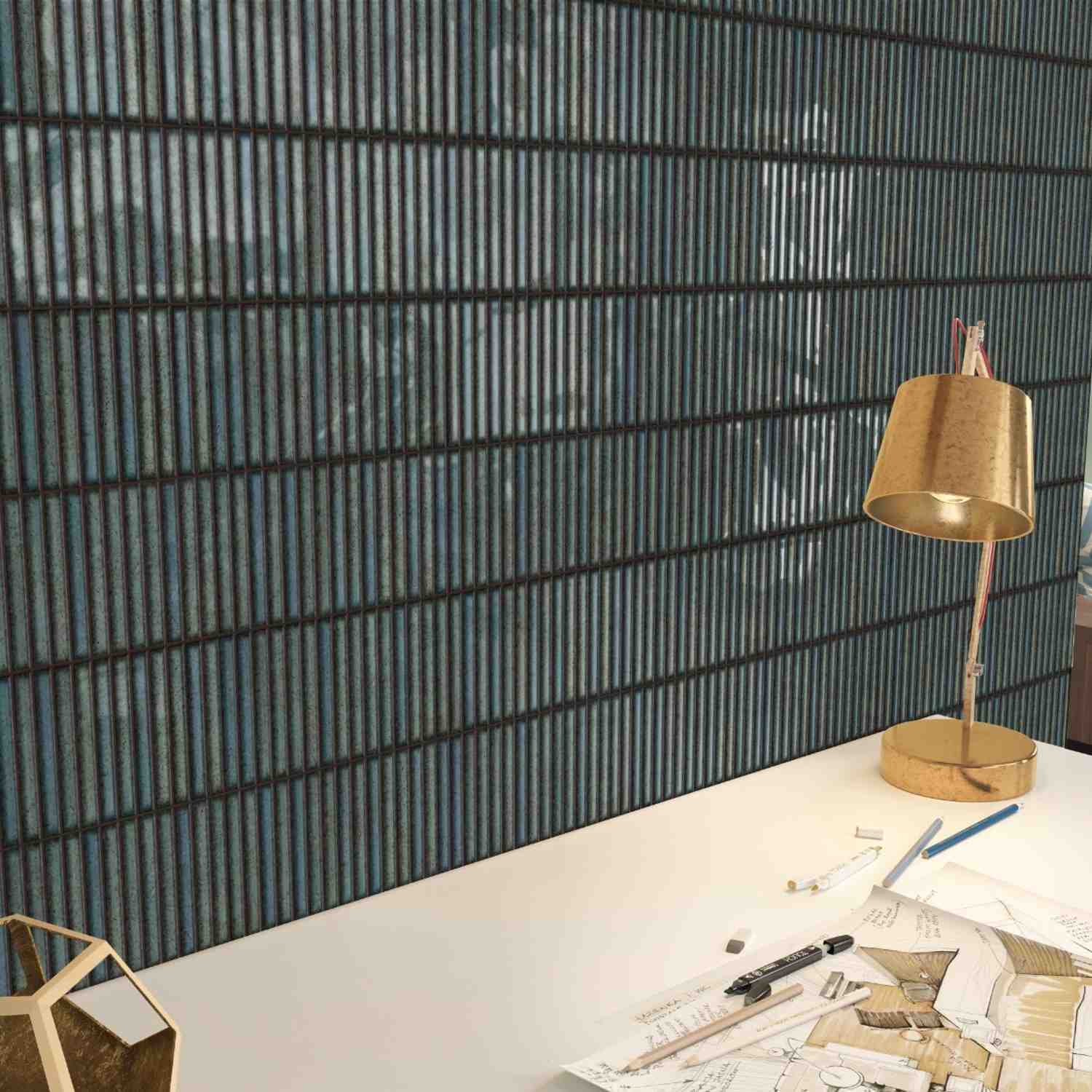 Estudio Ceramico Karatsu glazed porcelain wall tiles in midnight dark teal horizontal linear pattern with glossy finish and brass desk lamp accent