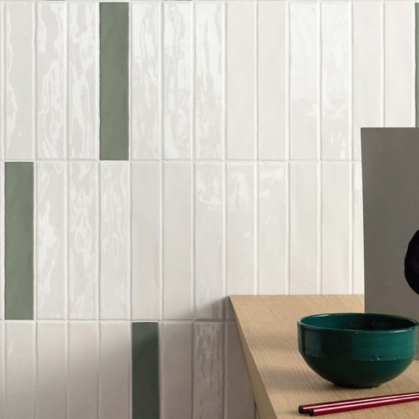 Ceramica Colli Kyushu bianco and verde vertical ceramic wall tiles with wooden desk shelf and green ceramic bowl