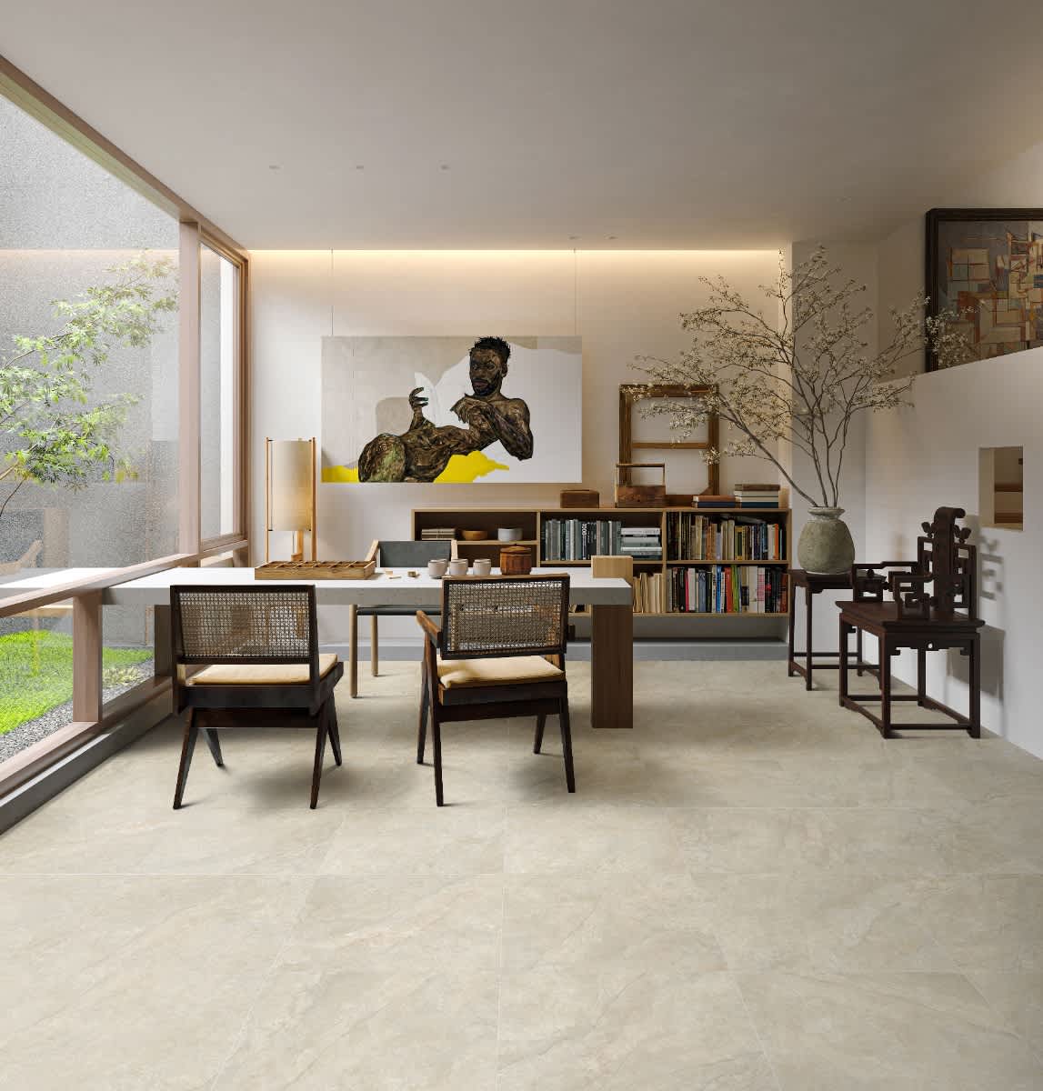 Lakestone Sand matte porcelain tile installed in modern interior — Stone Tile