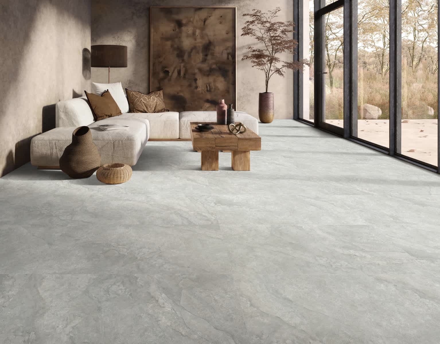 Lakestone Grey matte porcelain tile installed in modern interior — Stone Tile