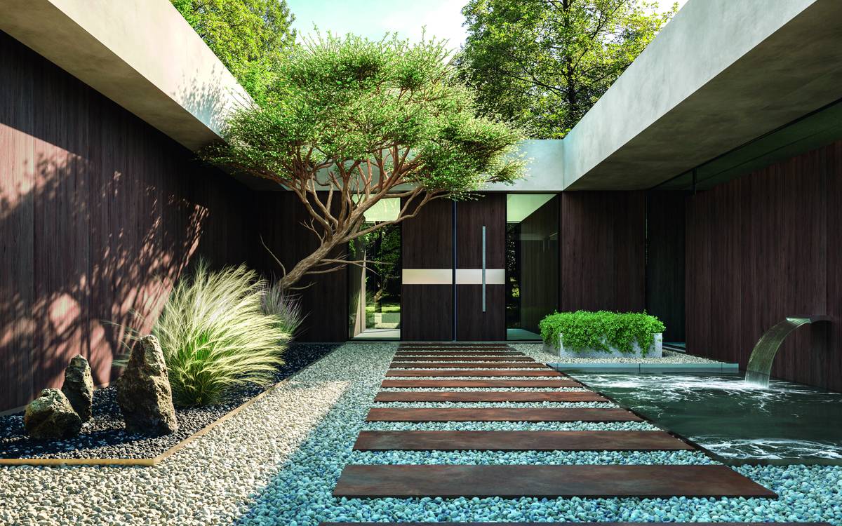Laminam Ki No Bi porcelain slab in Acai as dark wood-look façade cladding in a Japanese-inspired courtyard garden