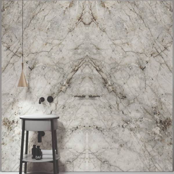Level Porcelain Stoneware Laguna Blanca Vena Aperta Slab in Room Setting